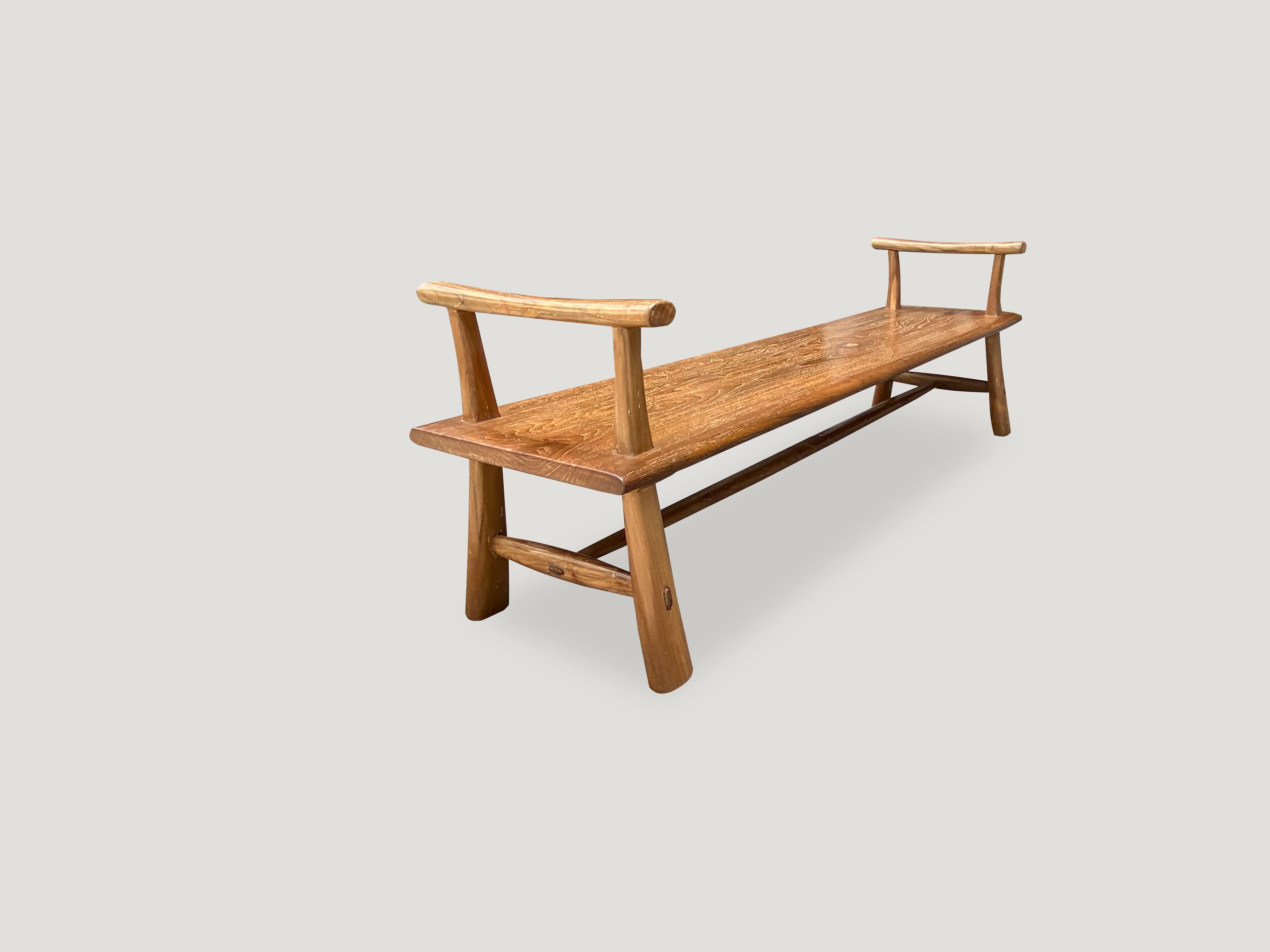 Andrianna Shamaris Midcentury Couture Teak Wood Bench with Arms For Sale 1