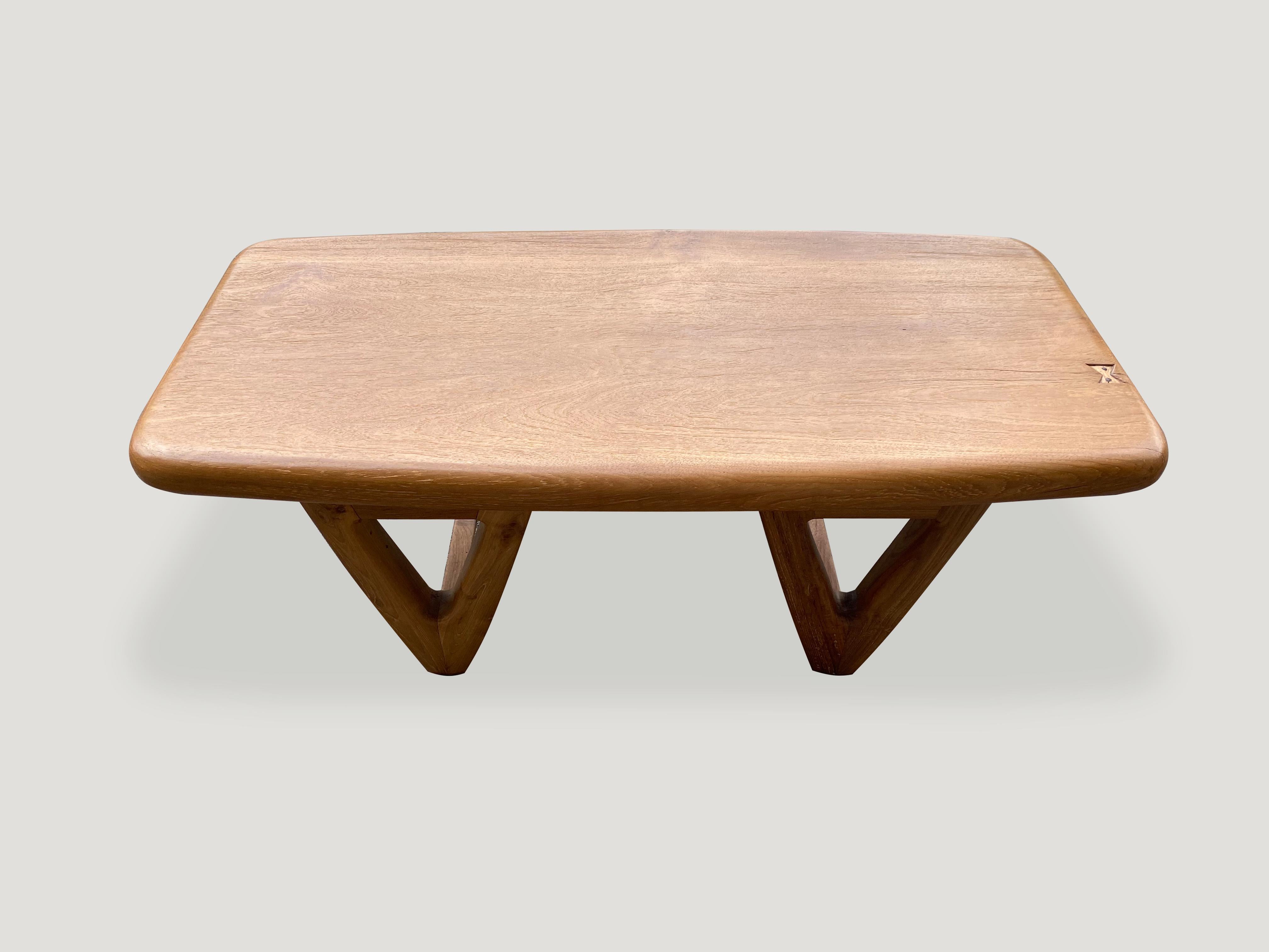 Mid-Century Modern Andrianna Shamaris Mid Century Couture Triangle Base Teak Wood Coffee Table For Sale