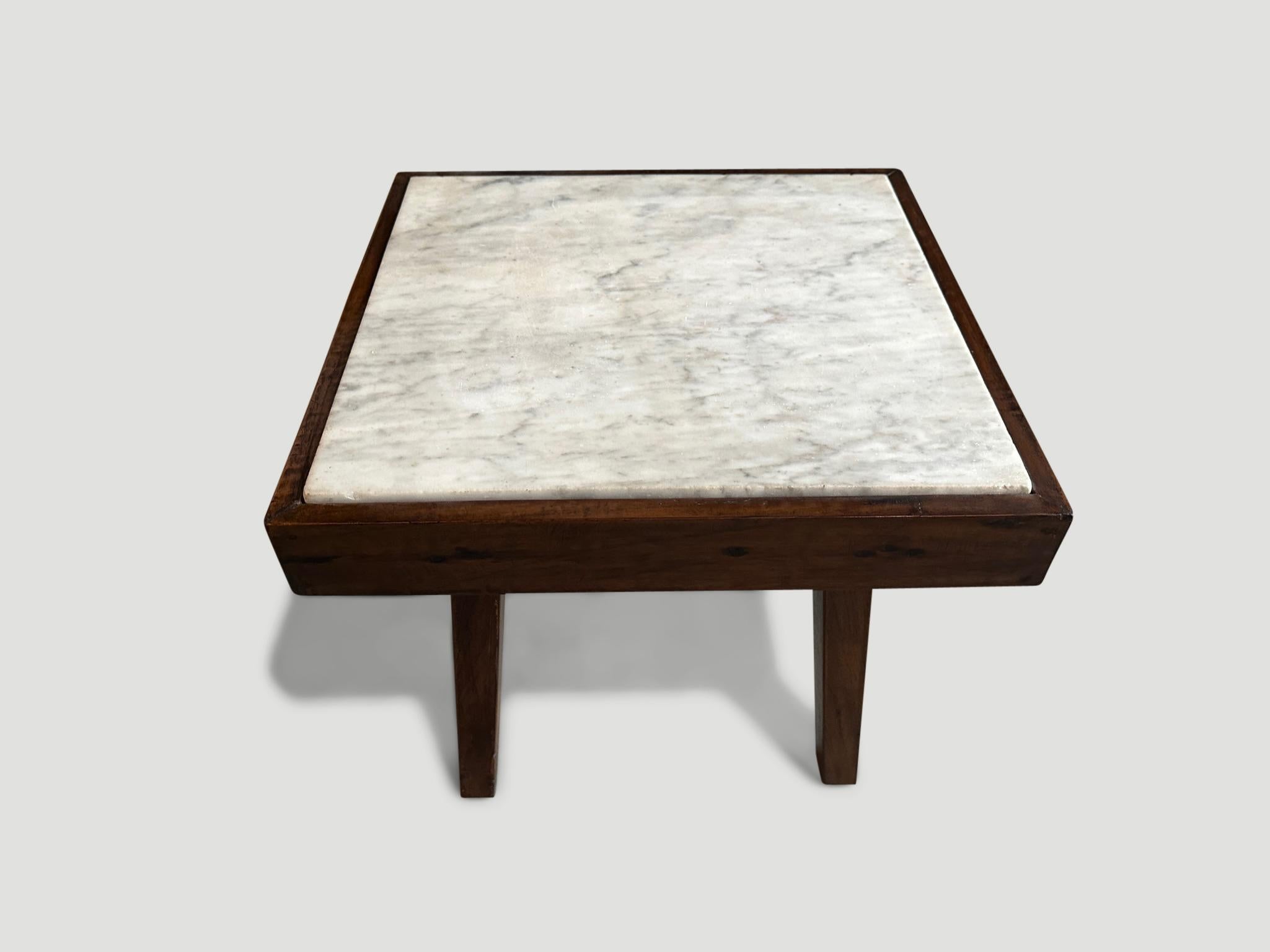 Organic Modern Andrianna Shamaris Mid Century Marble and Wood Side Table For Sale