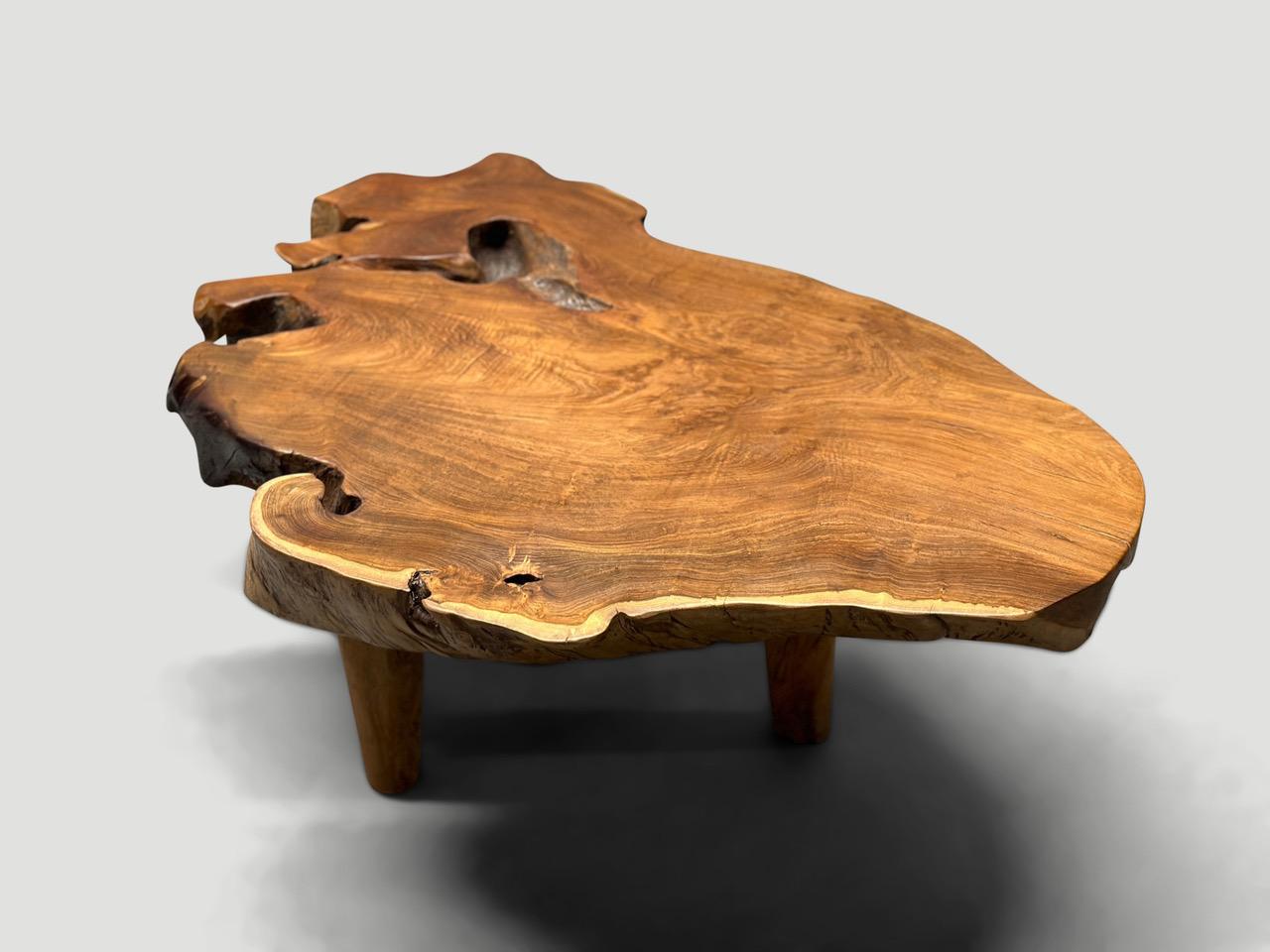 Andrianna Shamaris Mid Century Style Live Edge Teak Wood Coffee Table In Excellent Condition For Sale In New York, NY