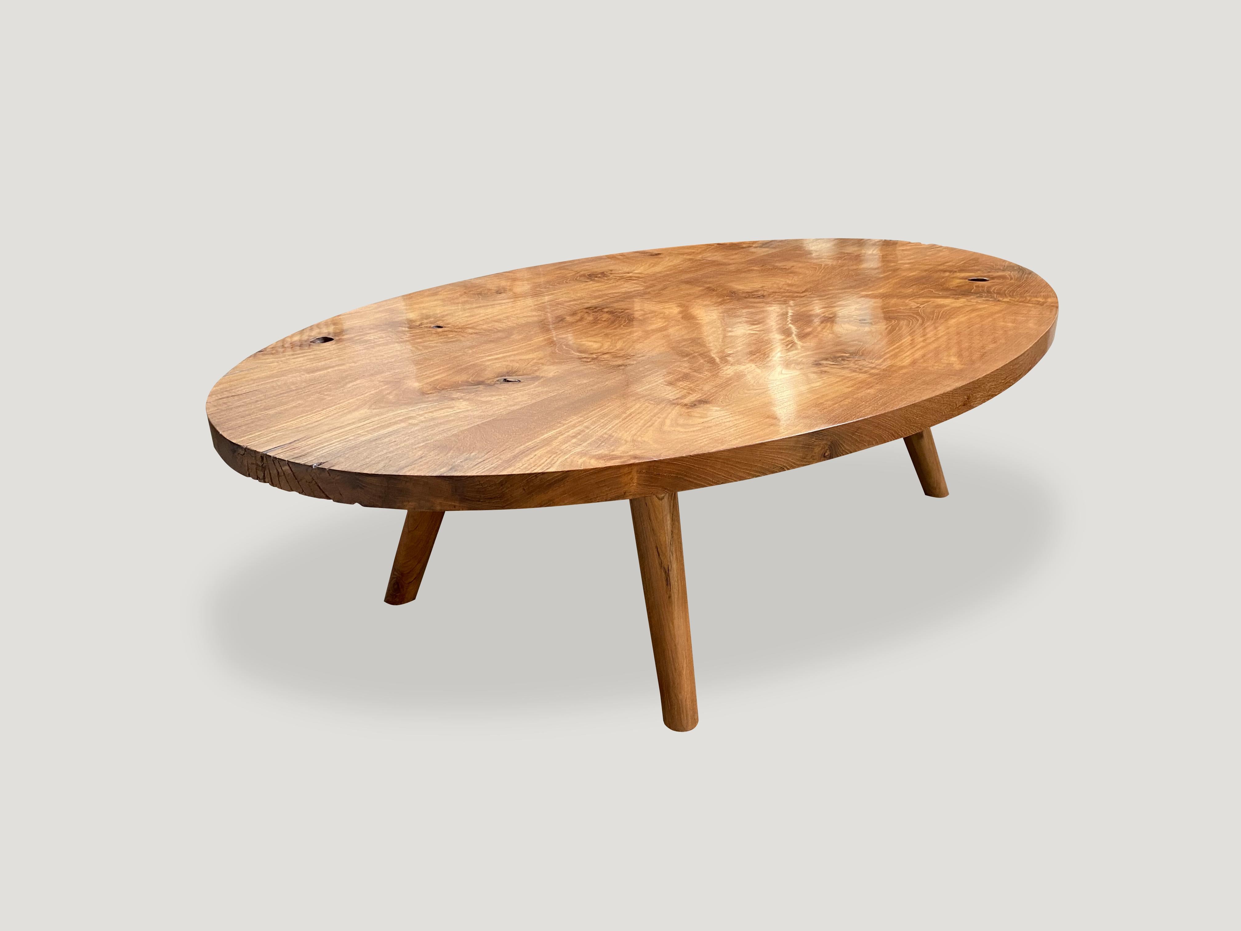 Beautiful grain on this natural reclaimed teak wood oval coffee table. Three slabs were joined to produce a minimalist mid century style coffee table.

Own an Andrianna Shamaris original.

Andrianna Shamaris. The Leader In Modern Organic Design.