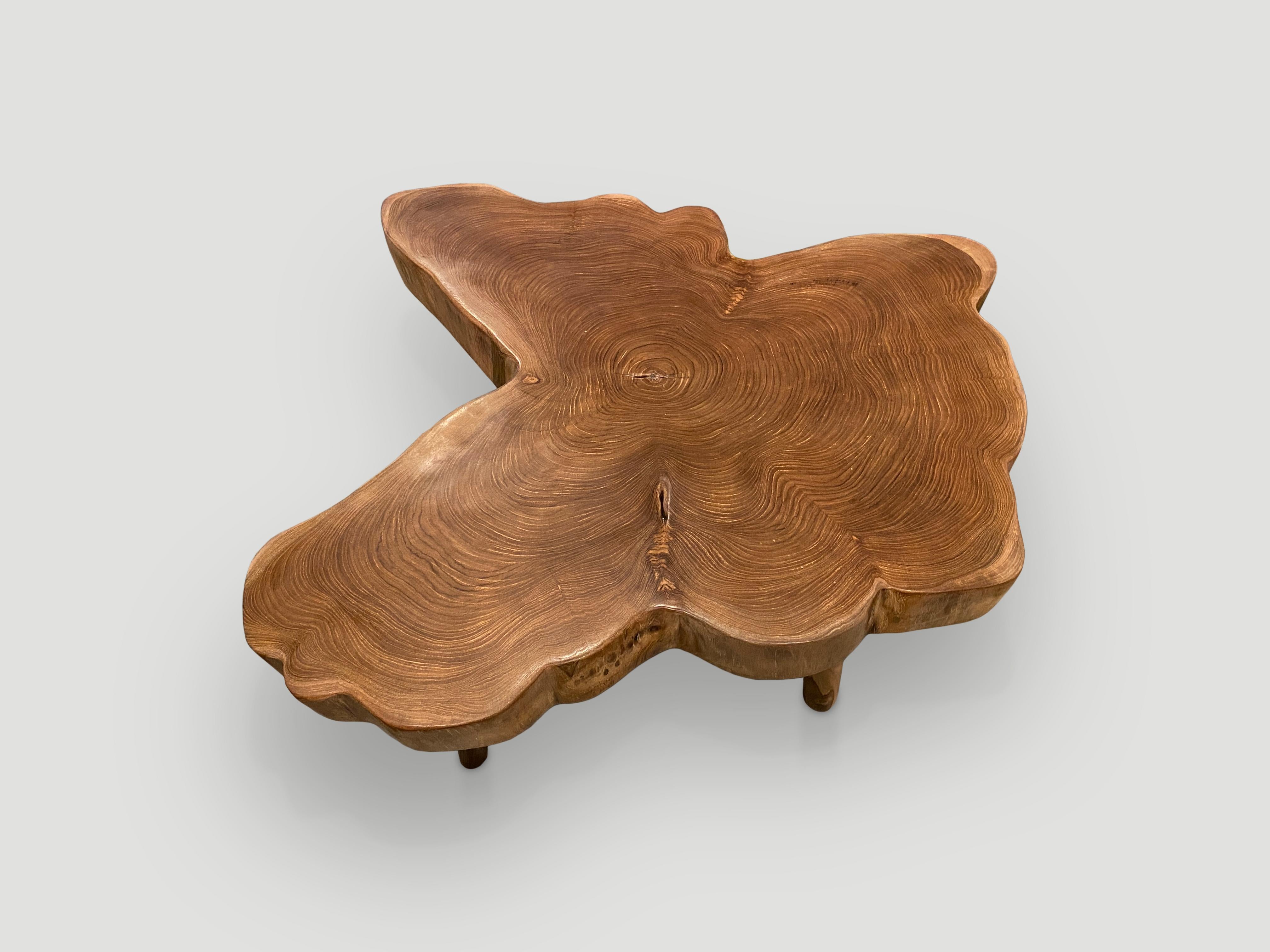 Impressive three inch single slab live edge teak wood coffee table. This beautiful butterfly shape is set on minimalist mid century style legs. Finished with a natural oil revealing the beautiful wood grain. We have a collection. The price and
