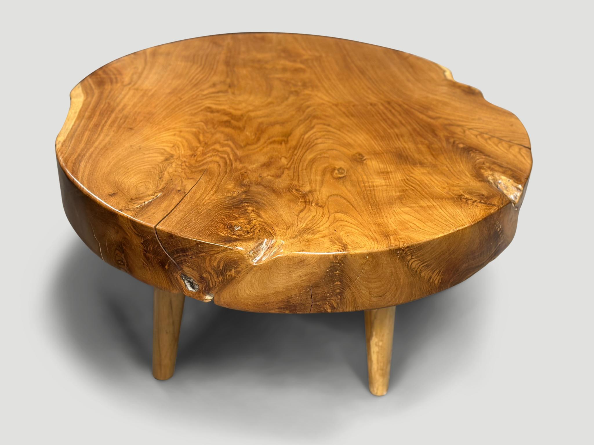 Andrianna Shamaris Mid Century Style Teak Wood Round Coffee Table  In Excellent Condition For Sale In New York, NY