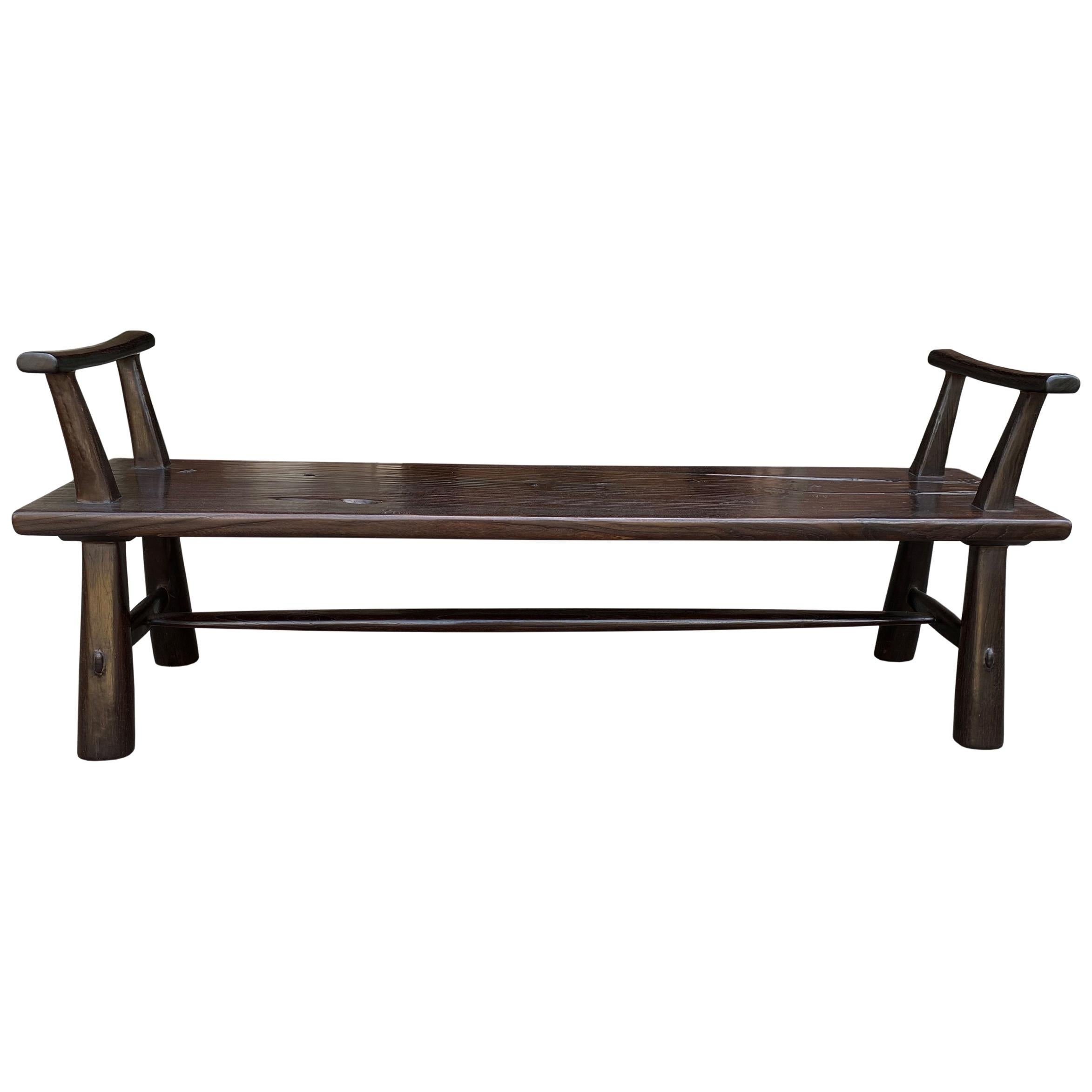 Andrianna Shamaris Midcentury Couture Espresso Stained Teak Bench with Arms For Sale