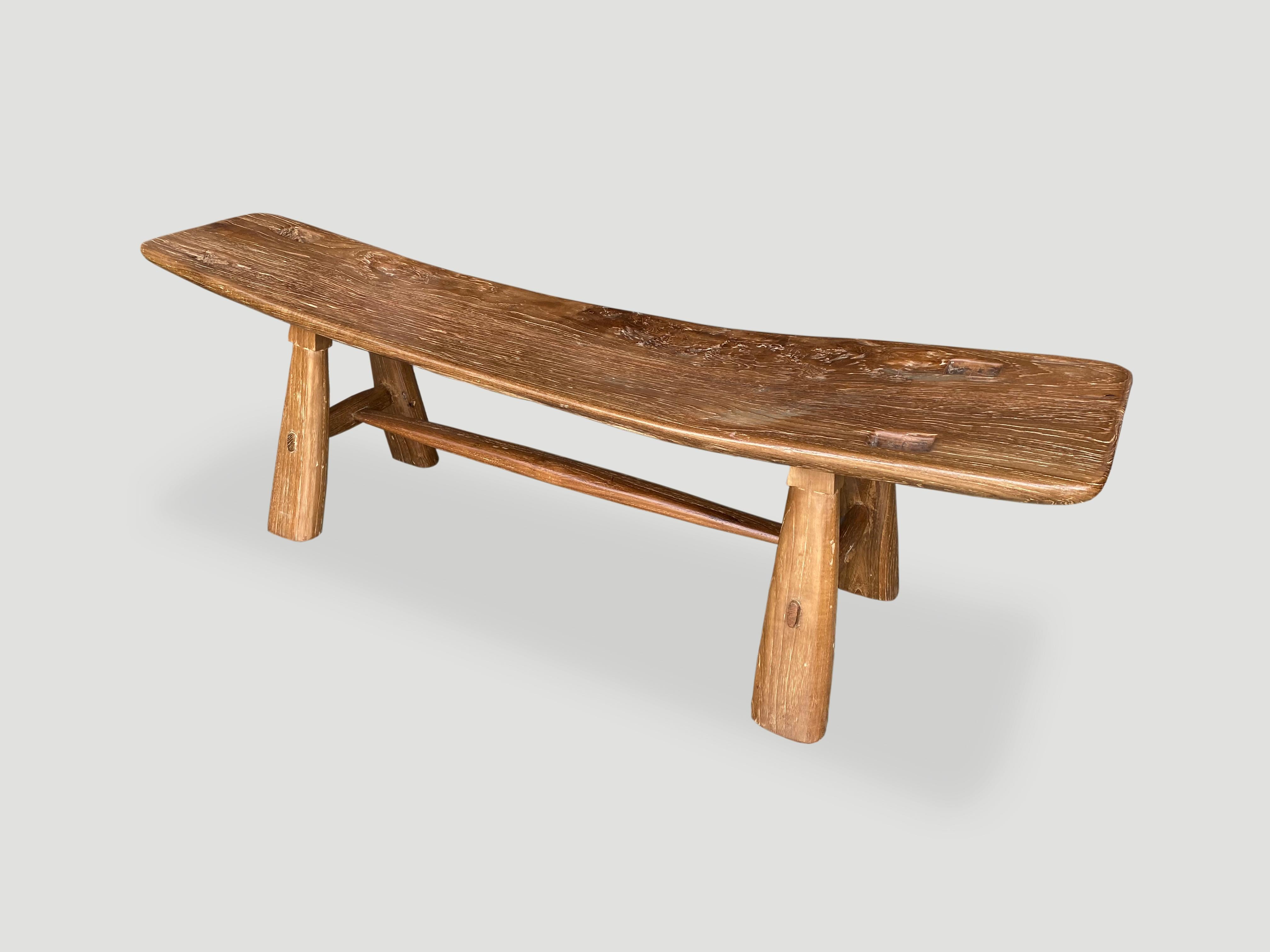 Introducing the midcentury Couture Collection new to 2021. Furniture constructed by hand from start to finish. A beautiful aged teak slab taken from my finest collection with beautiful patina and stunning grain. Originally a Primitive bench, we