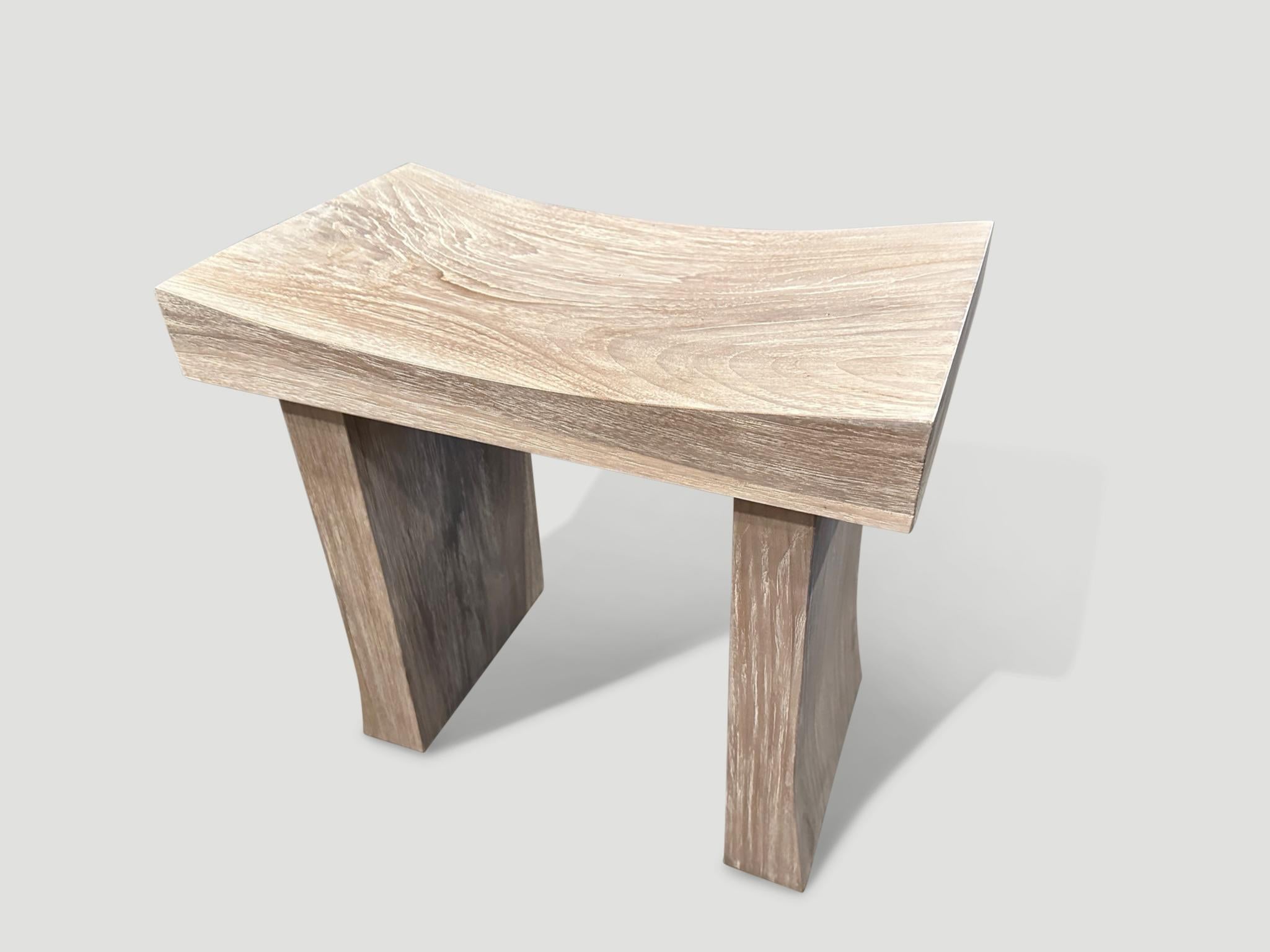 Sleek minimalist bench. Hand made from a two and a half  thick single slab of reclaimed teak and finished with a white wash, revealing the beautiful wood grain. Custom sizes and stains available. We just received a new collection in this style. All