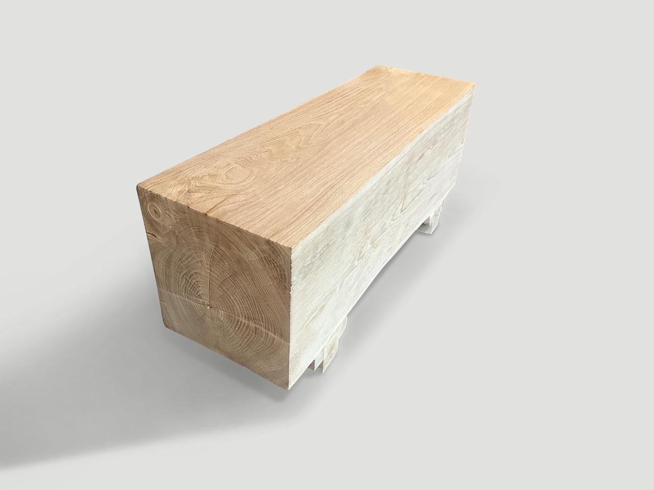 Organic Modern Andrianna Shamaris Minimalist Bleached Teak Wood Log Style Bench For Sale