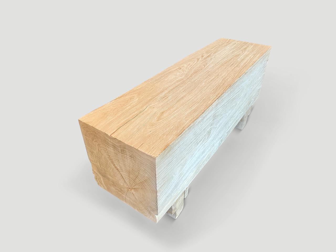 Organic Modern Andrianna Shamaris Minimalist Bleached Teak Wood Log Style Bench For Sale
