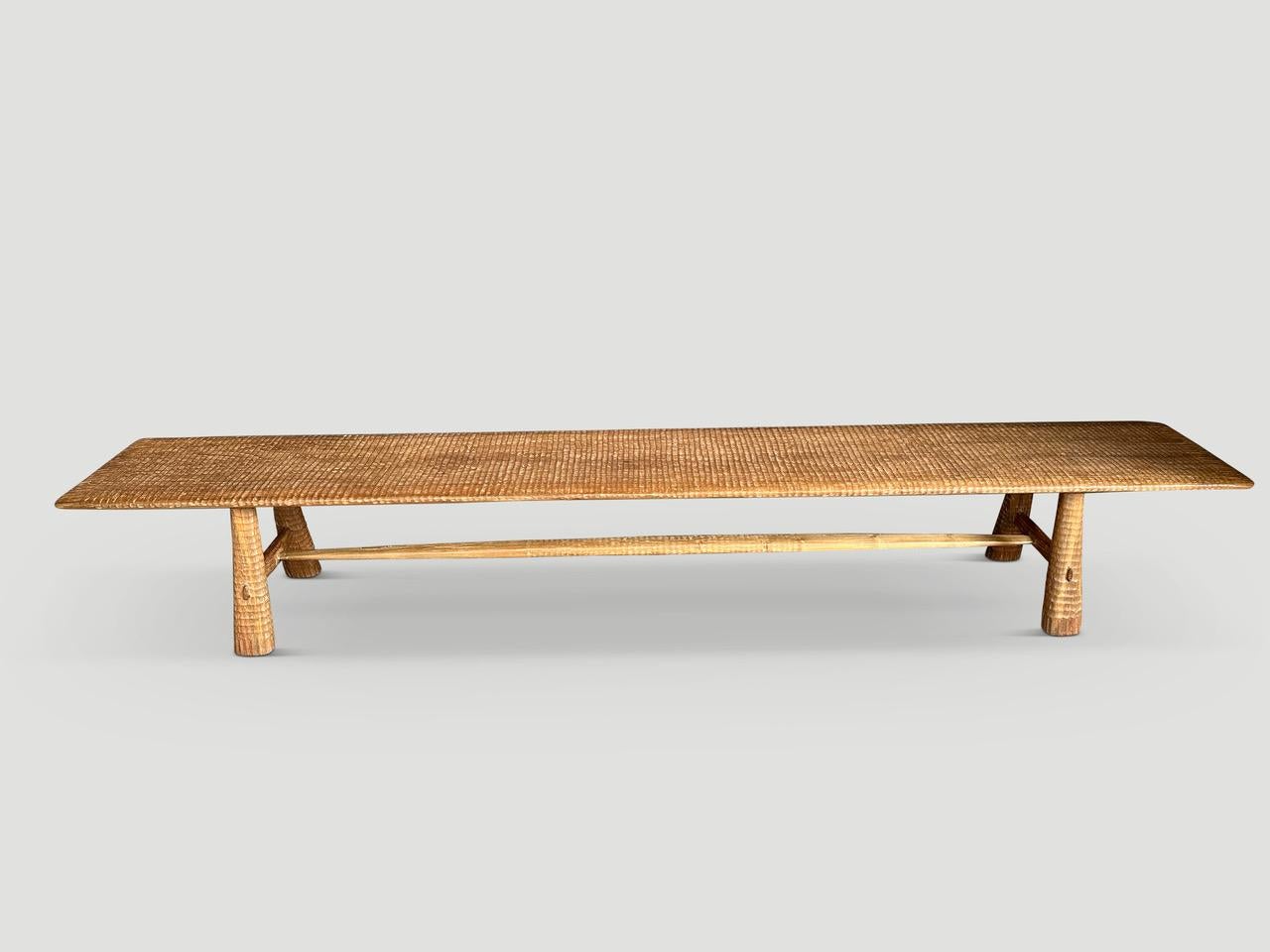 Andrianna Shamaris Minimalist Carved Long Teak Wood Bench In Excellent Condition In New York, NY
