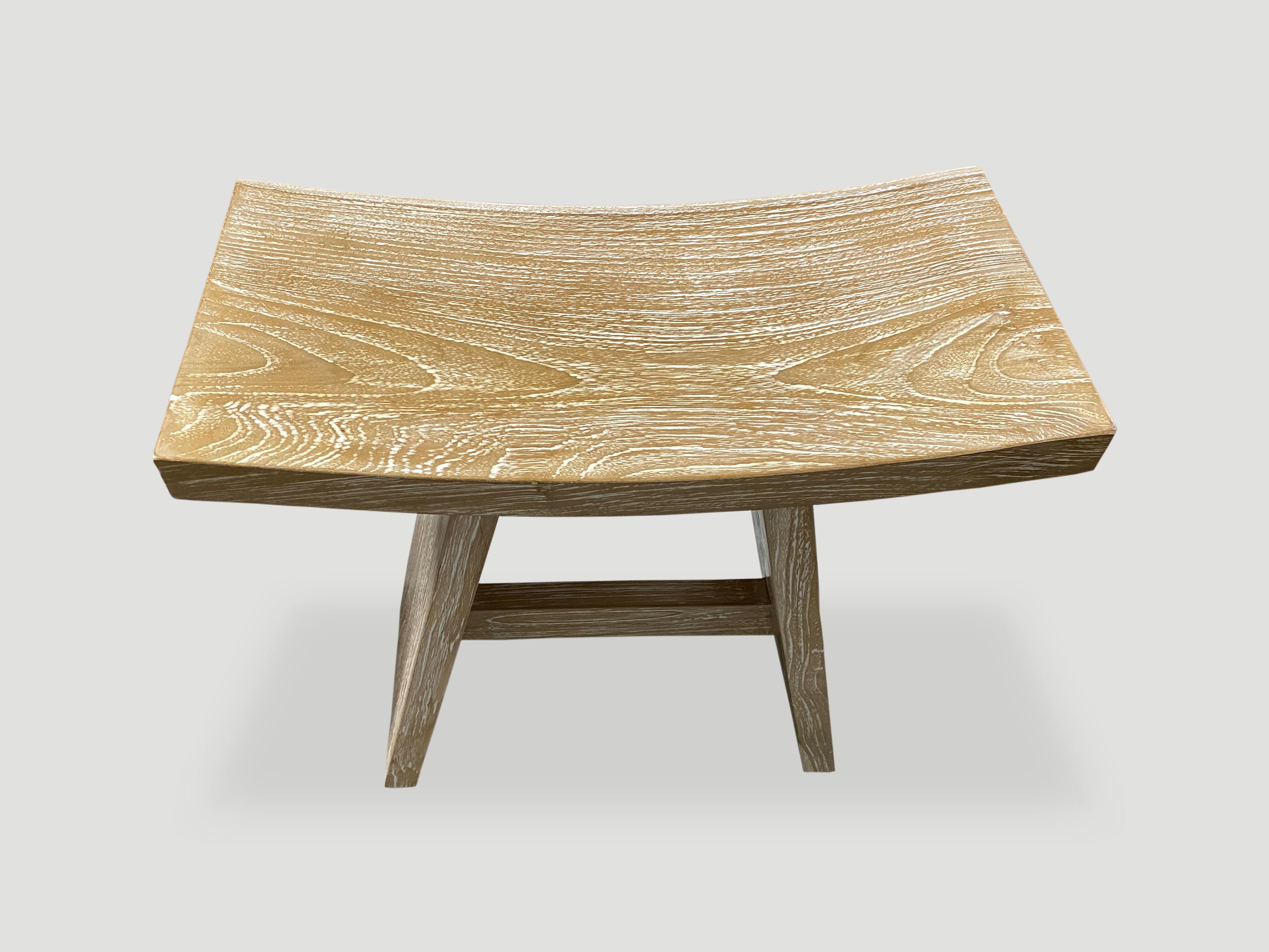 Reclaimed teak bench represents a modern, Minimalist aesthetic Perfect anywhere from a bathroom, kitchen or bedroom. The top section is made from a single teak slab. We added a light cerused finish which enhances the grain of the wood. Custom stains