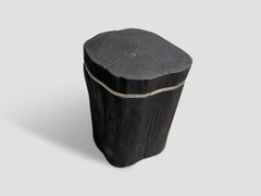 Andrianna Shamaris Minimalist Charred Teak Wood and Silver Side Table
