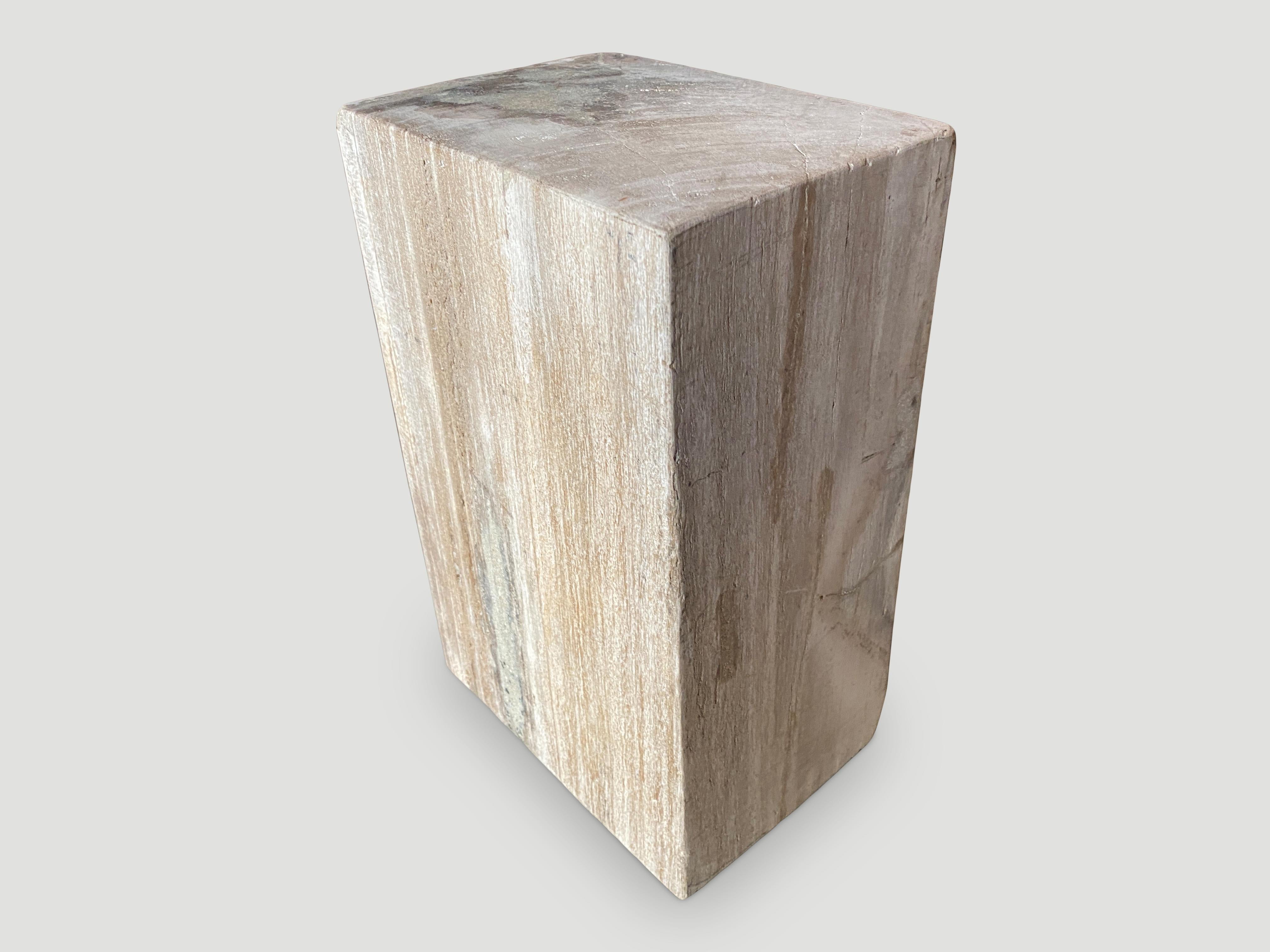 Beautiful beige tones in this minimalist petrified wood side table. It’s fascinating how Mother Nature produces these exquisite 40 million year old petrified teak logs with such contrasting colors and natural patterns throughout. Modern yet with so