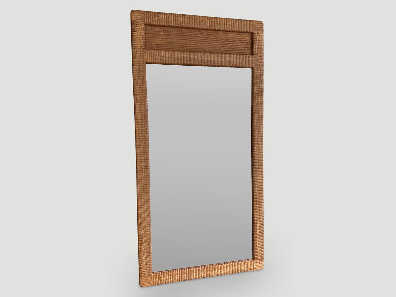 Andrianna Shamaris Minimalist Hand Carved Teak Wood Mirror In Excellent Condition For Sale In New York, NY