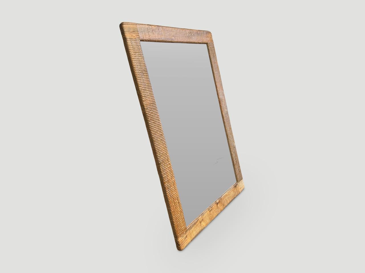 Andrianna Shamaris Minimalist Hand Carved Teak Wood Mirror In Excellent Condition For Sale In New York, NY