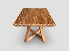 Andrianna Shamaris Minimalist Hand Carved Teak Wood Side Table or Pedestal