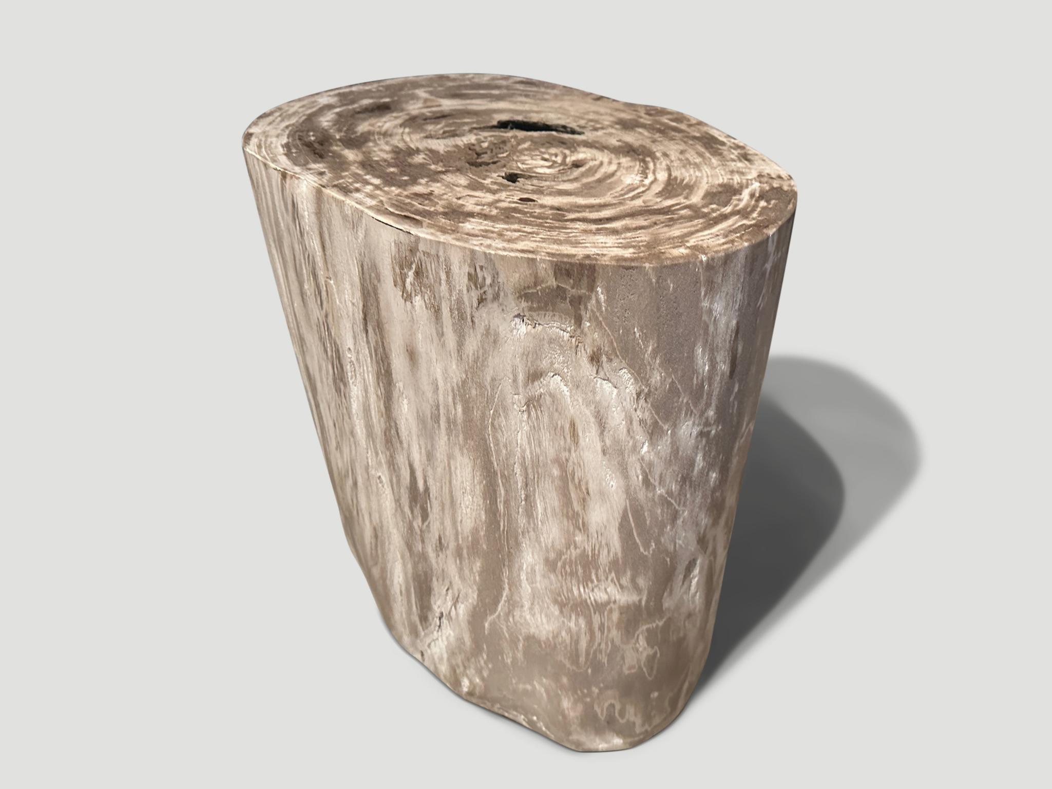 Impressive minimalist petrified wood side table. The pale tones are the hardest to source. It’s fascinating how Mother Nature produces these exquisite 40 million year old petrified teak logs with such contrasting colors and natural patterns