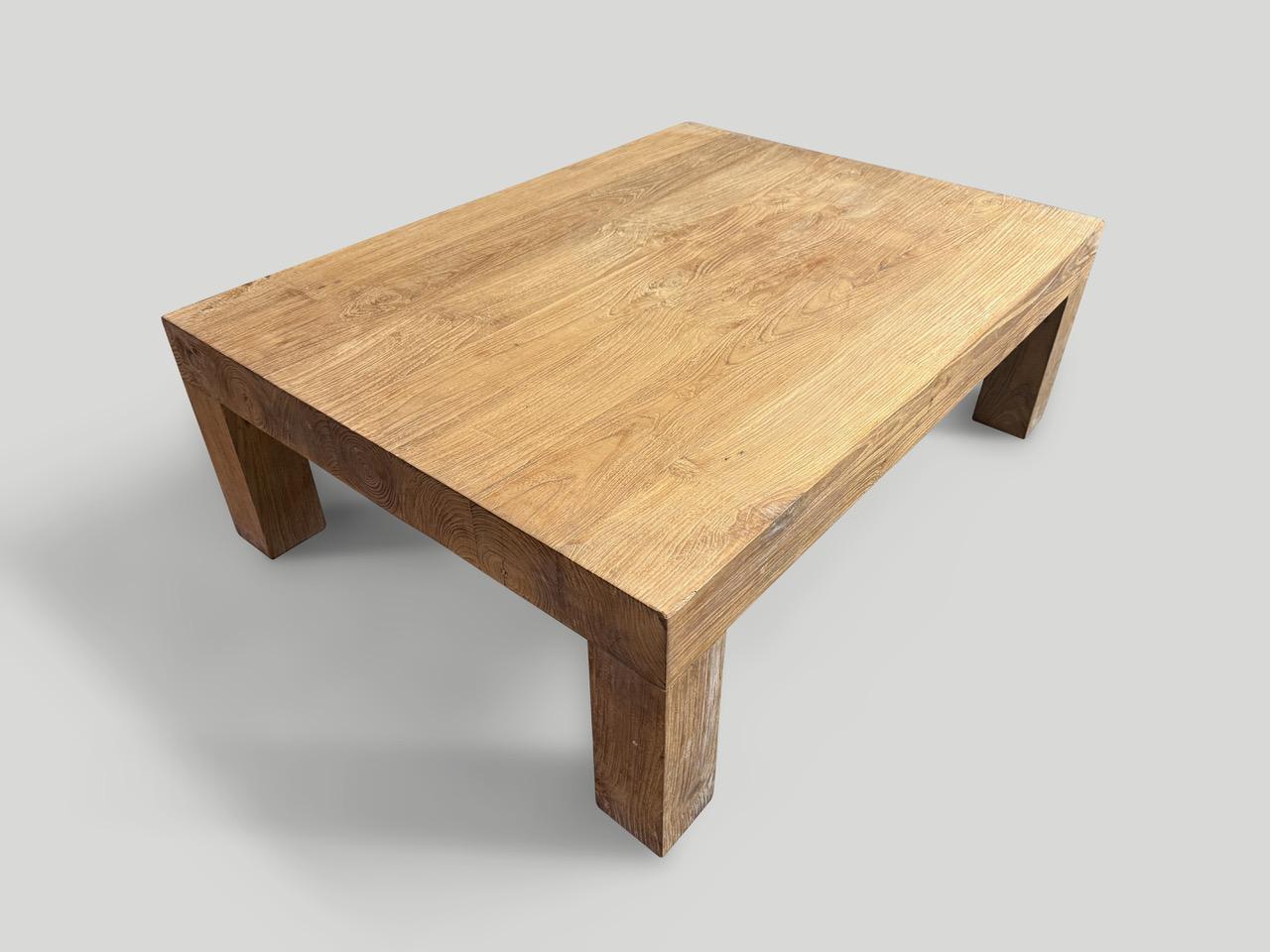 Reclaimed natural teak coffee table with an impressive four and a quarter thick top and legs. Solid teak logs are joined together to produce this impressive piece. Finished with a wire brush revealing the beautiful wood grain. It’s all in the