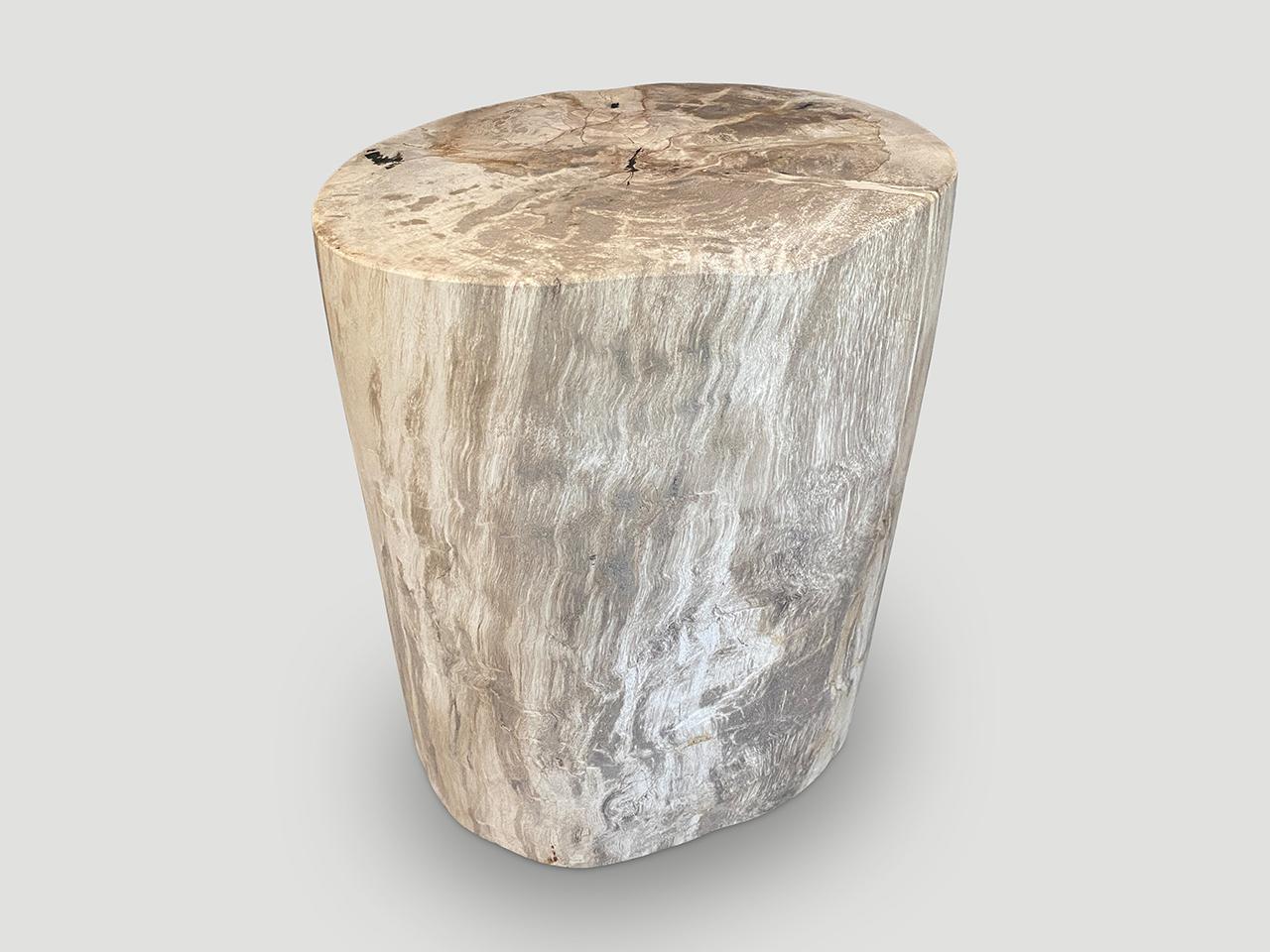 High quality petrified wood side table in beautiful grey and beige tones. It’s fascinating how Mother Nature produces these exquisite 40 million year old petrified teak logs with such contrasting colors and natural patterns throughout. Modern yet