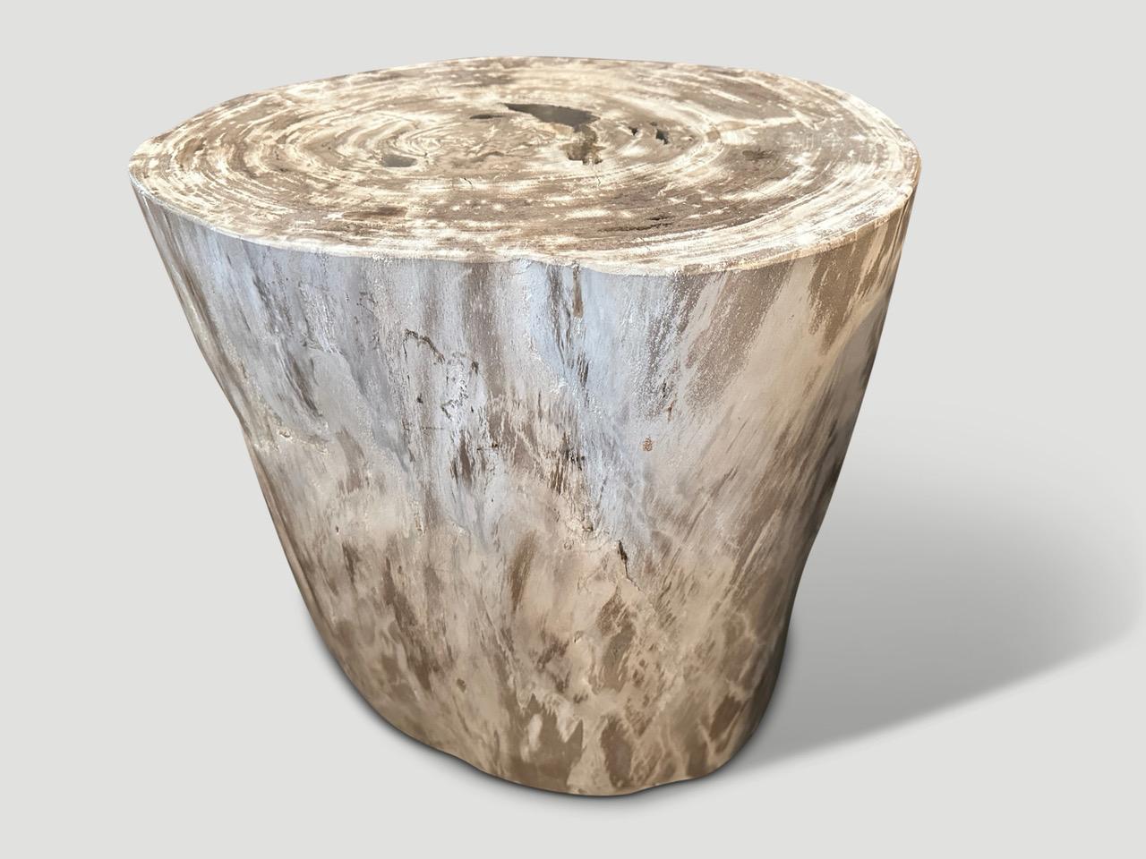 Impressive minimalist petrified wood side table. The pale tones are the hardest to source. It’s fascinating how Mother Nature produces these exquisite 40 million year old petrified teak logs with such contrasting colors and natural patterns