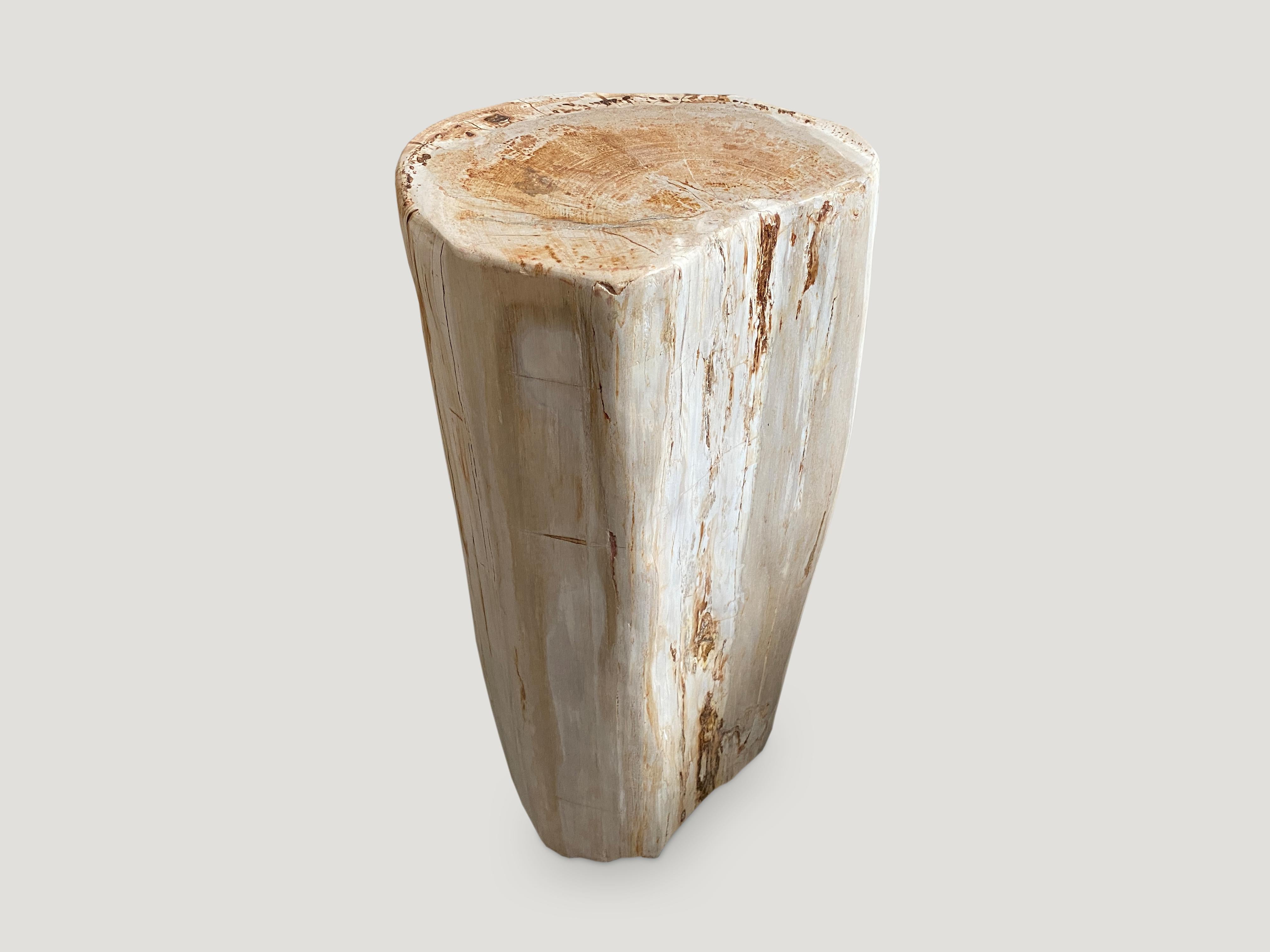 Pale peach and cream tones on this high quality Minimalist petrified wood side table or pedestal. It’s fascinating how Mother Nature produces these stunning 40 million year old petrified teak logs with such beautiful colors with natural patterns