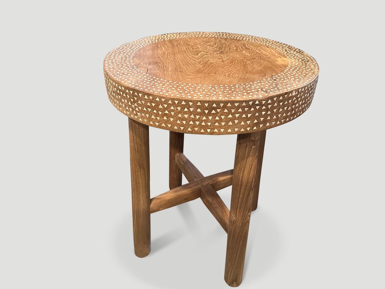 Organic Modern Andrianna Shamaris Minimalist Shell Inlaid Teak Round Side Table or Pedestal For Sale