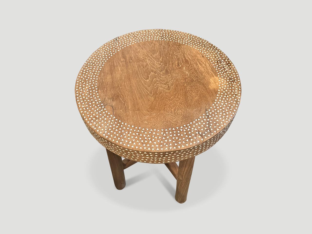 Andrianna Shamaris Minimalist Shell Inlaid Teak Round Side Table or Pedestal In Excellent Condition For Sale In New York, NY