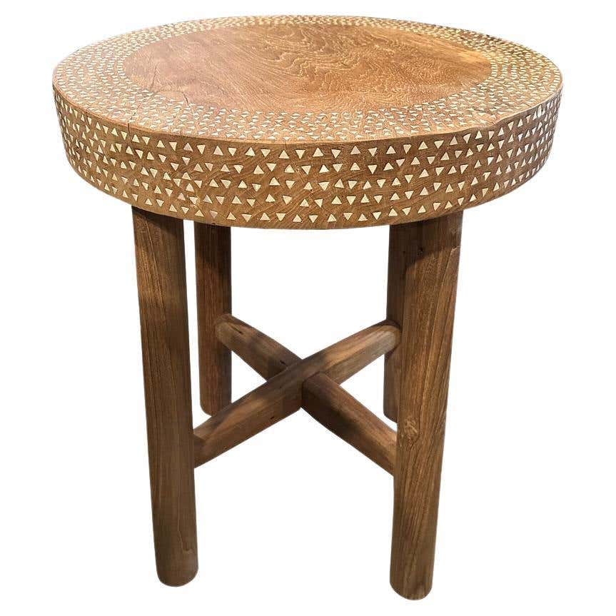 Andrianna Shamaris Minimalist Shell Inlaid Teak Round Side Table or ...
