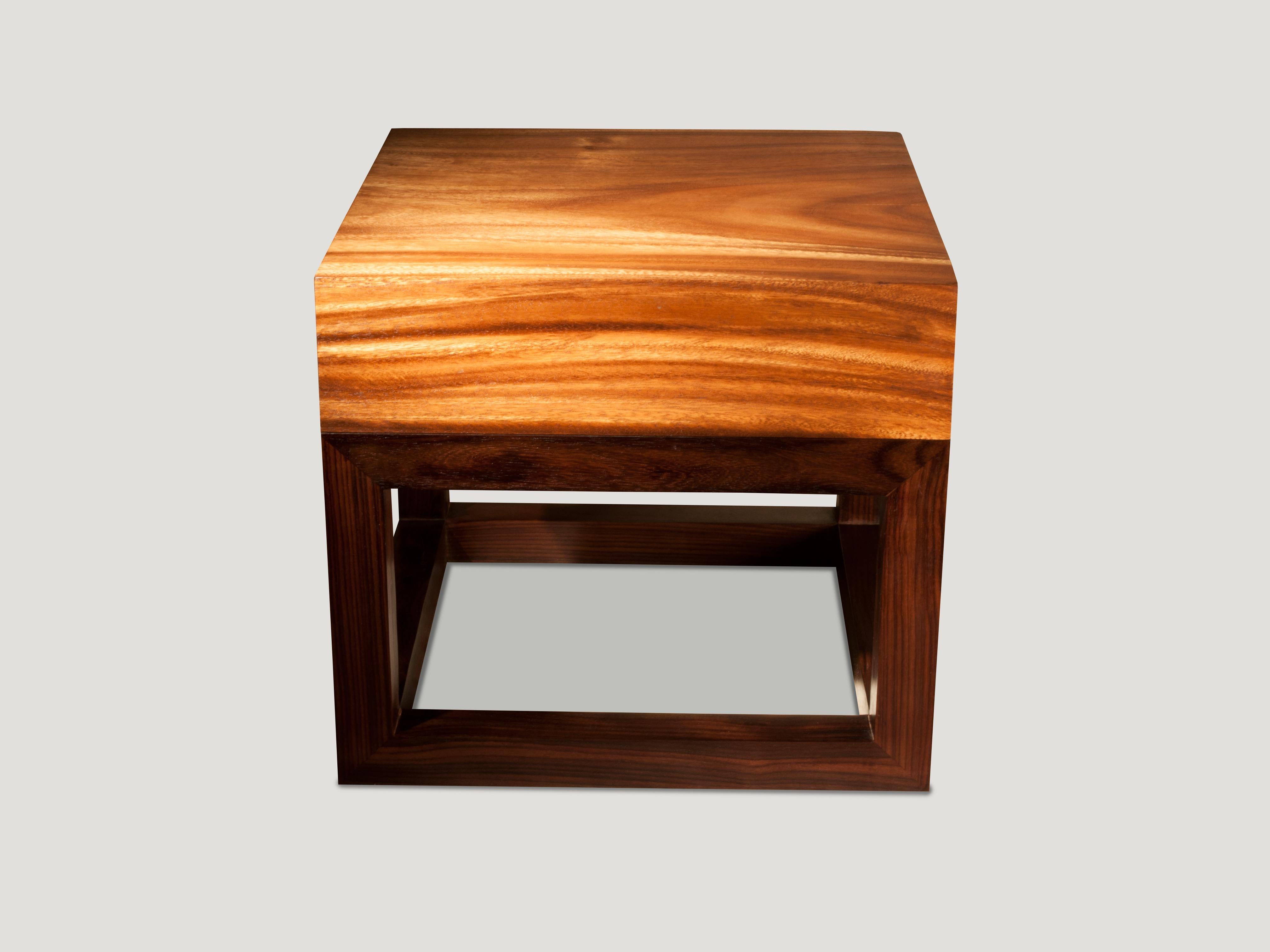 Solid 5? thick natural suar wood top with a walnut stain teak base. Beautiful natural contrasting colors in this impressive reclaimed suar wood top.

Andrianna Shamaris. The Leader In Modern Organic Design.