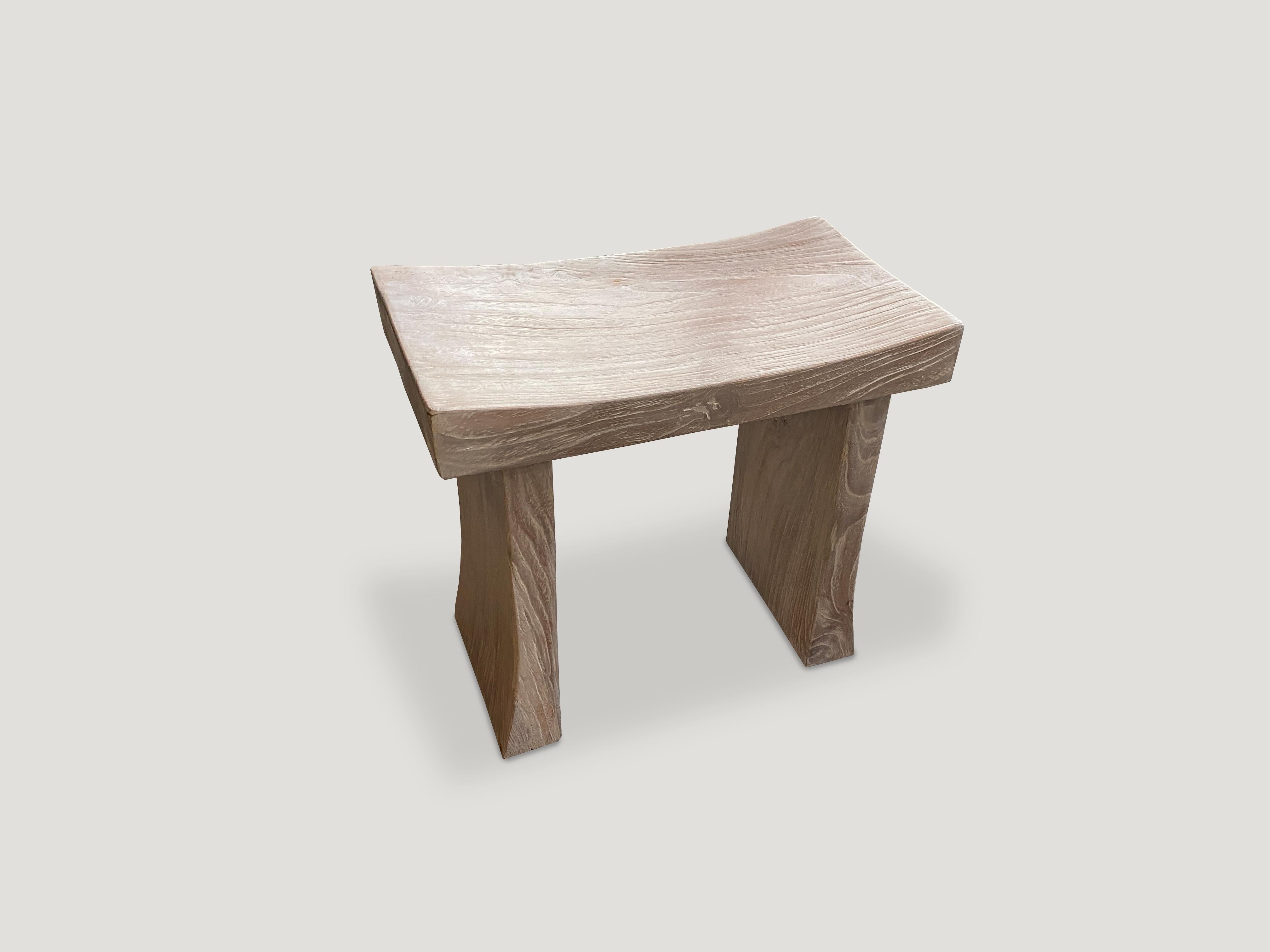 Sleek minimalist bench. Hand made from a two and a half thick single slab of reclaimed teak and finished with a white wash, revealing the grain of the wood. Custom sizes and stains available.

The St. Barts Collection features an exciting new line