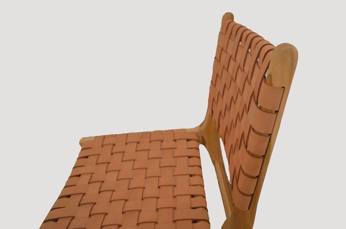 Premium quality leather with teak frame.

Premium Quality Leather Chair with teak frame. We utilize the finest quality leather for our modern chairs. The hand-selected leather is carefully woven to cover the seat and backrest to achieve a perfect