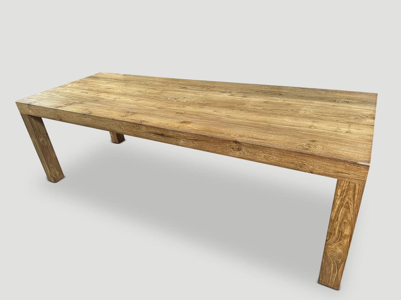 Impressive solid teak dining table hand made from seven 4” x 4” reclaimed teak logs. Finished with a natural oil revealing the beautiful wood grain. 

Own an Andrianna Shamaris original.

Andrianna Shamaris. The Leader In Modern Organic Design. 