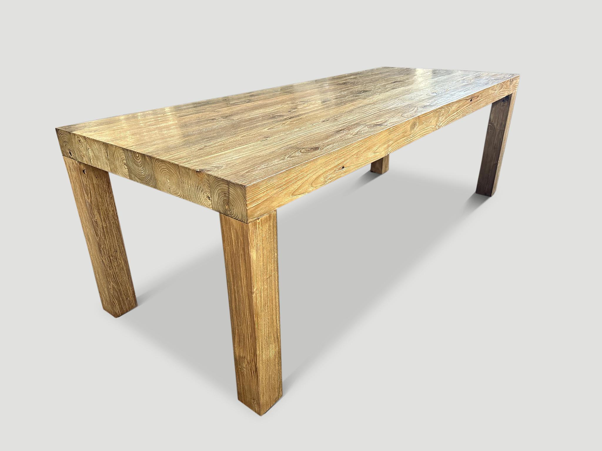 Impressive solid teak dining table hand made from eight 4” x 4” reclaimed teak logs. Finished with a natural oil revealing the beautiful wood grain. 

Own an Andrianna Shamaris original.

Andrianna Shamaris. The Leader In Modern Organic Design. 