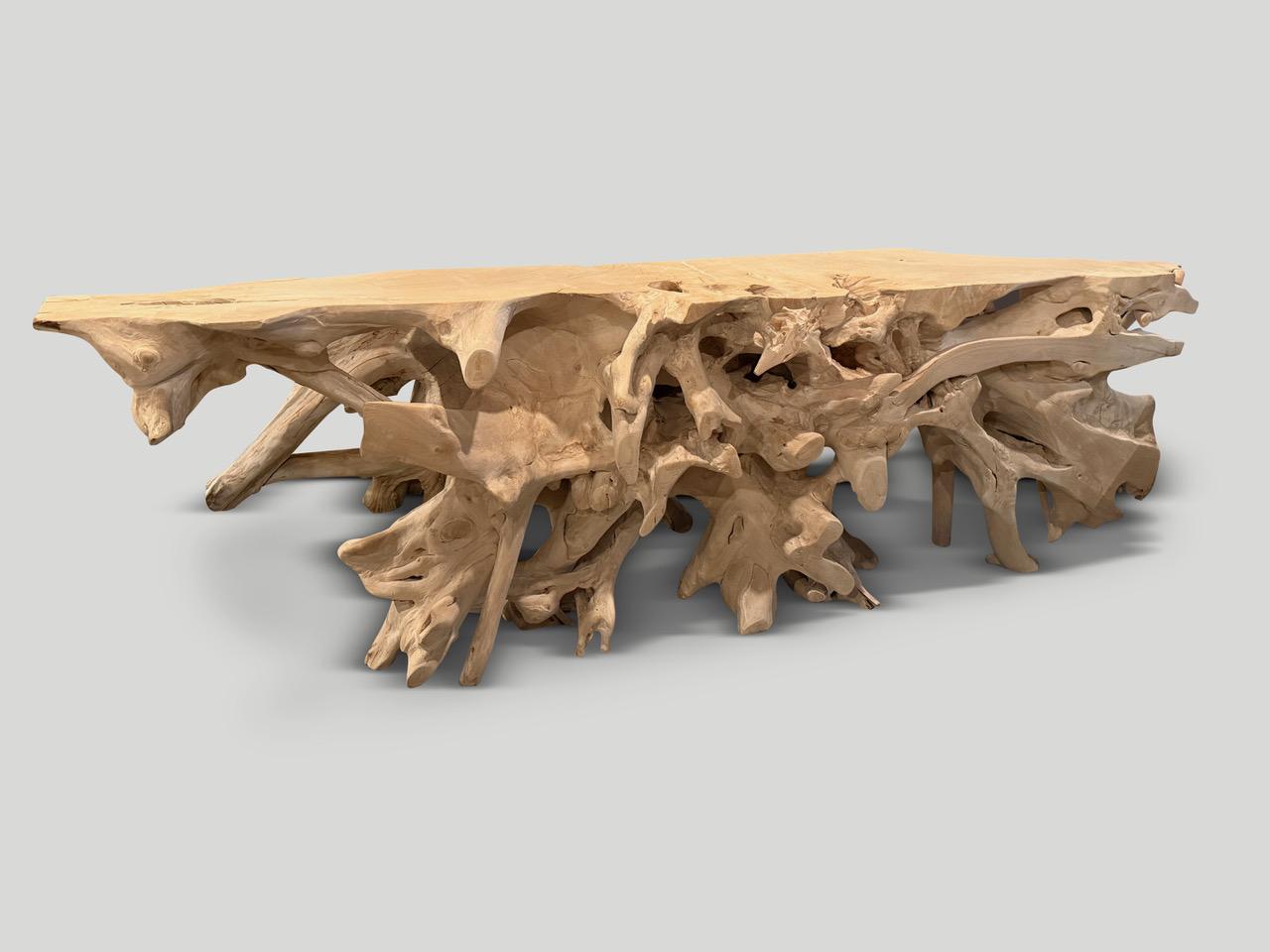 Impressive natural organic formed console table made from a hundred year old reclaimed teak root. Fabulous on both sides. Glass or lucite can be added, if preferred on the top section. Sanded and bleached revealing the beautiful wood grain. It’s all