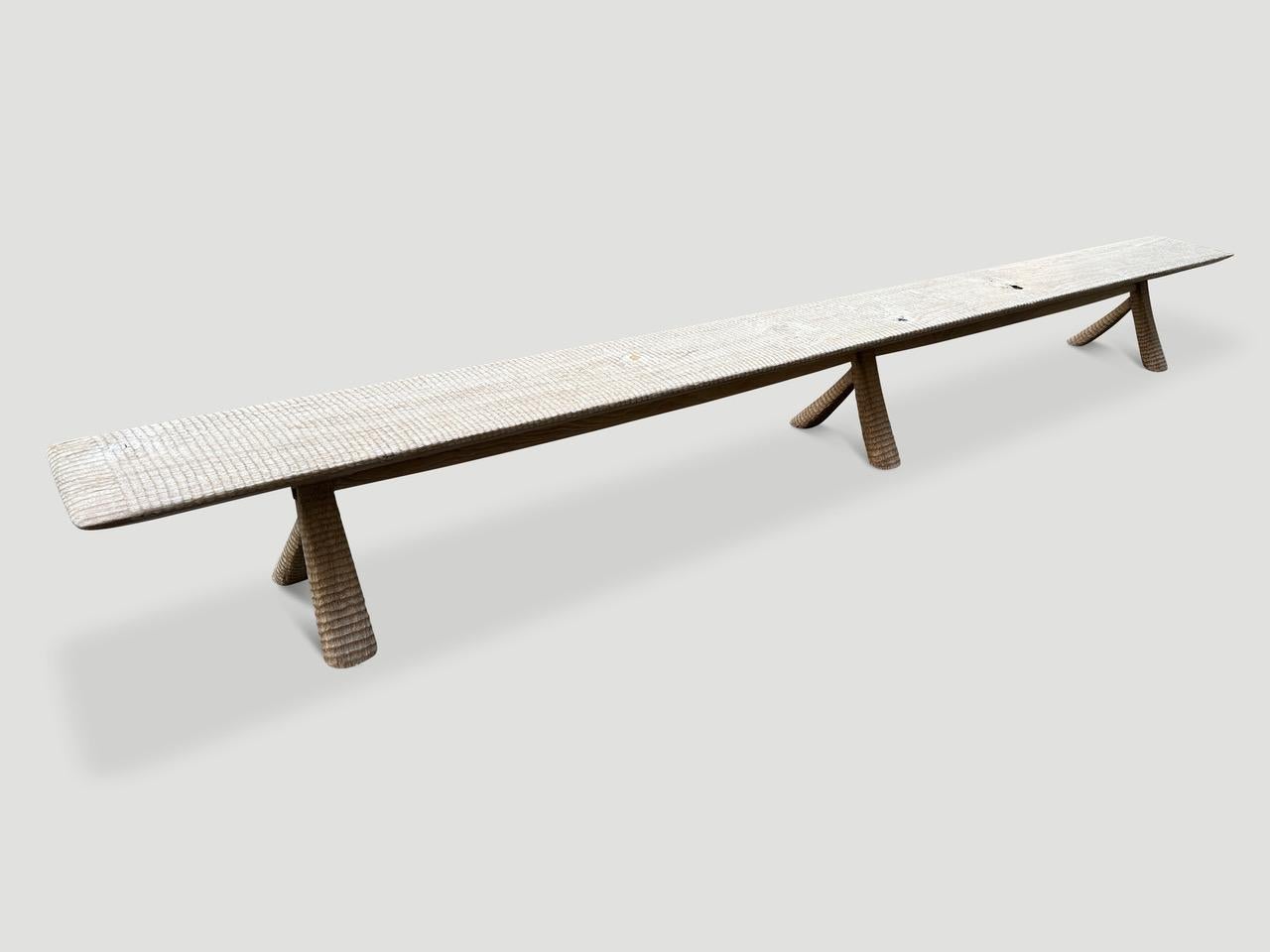 Contemporary Andrianna Shamaris Monumental Hand Carved Long Teak Wood Bench For Sale