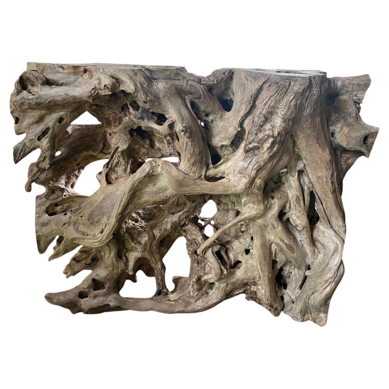 Andrianna Shamaris Monumental Sculpture Teak Wood Console Art Piece or Screen For Sale