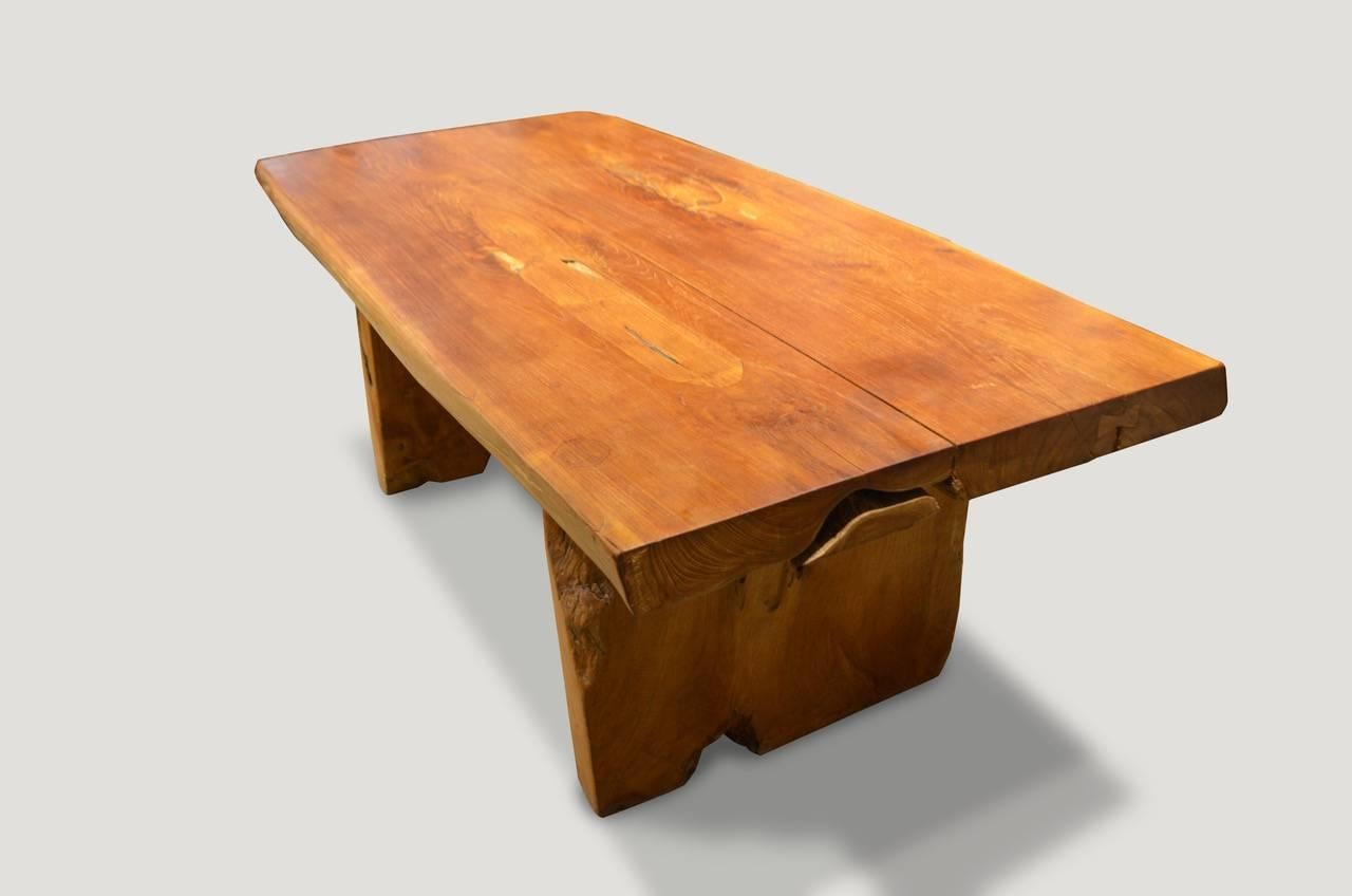 The natural organic teakwood table is one of our first original designs dating back from 1988. Solid reclaimed teak top dining table, strong and durable for both indoor and outdoor use. Our organic teak dining tables can also be designed with a