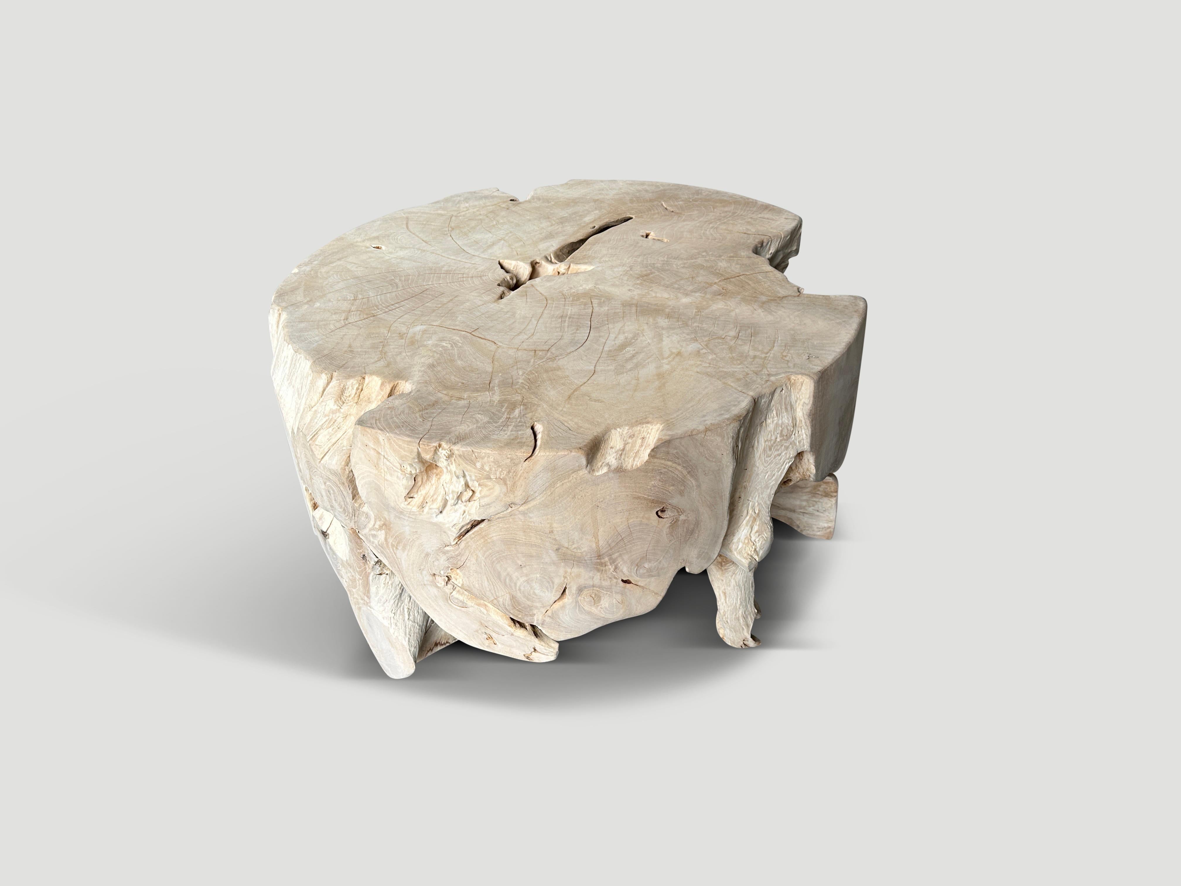 Organic reclaimed teak wood round coffee table bleached with a light white washed revealing the beautiful wood grain. We can also produce this shape charred or natural teak. Please inquire.

The St. Barts Collection features an exciting line of