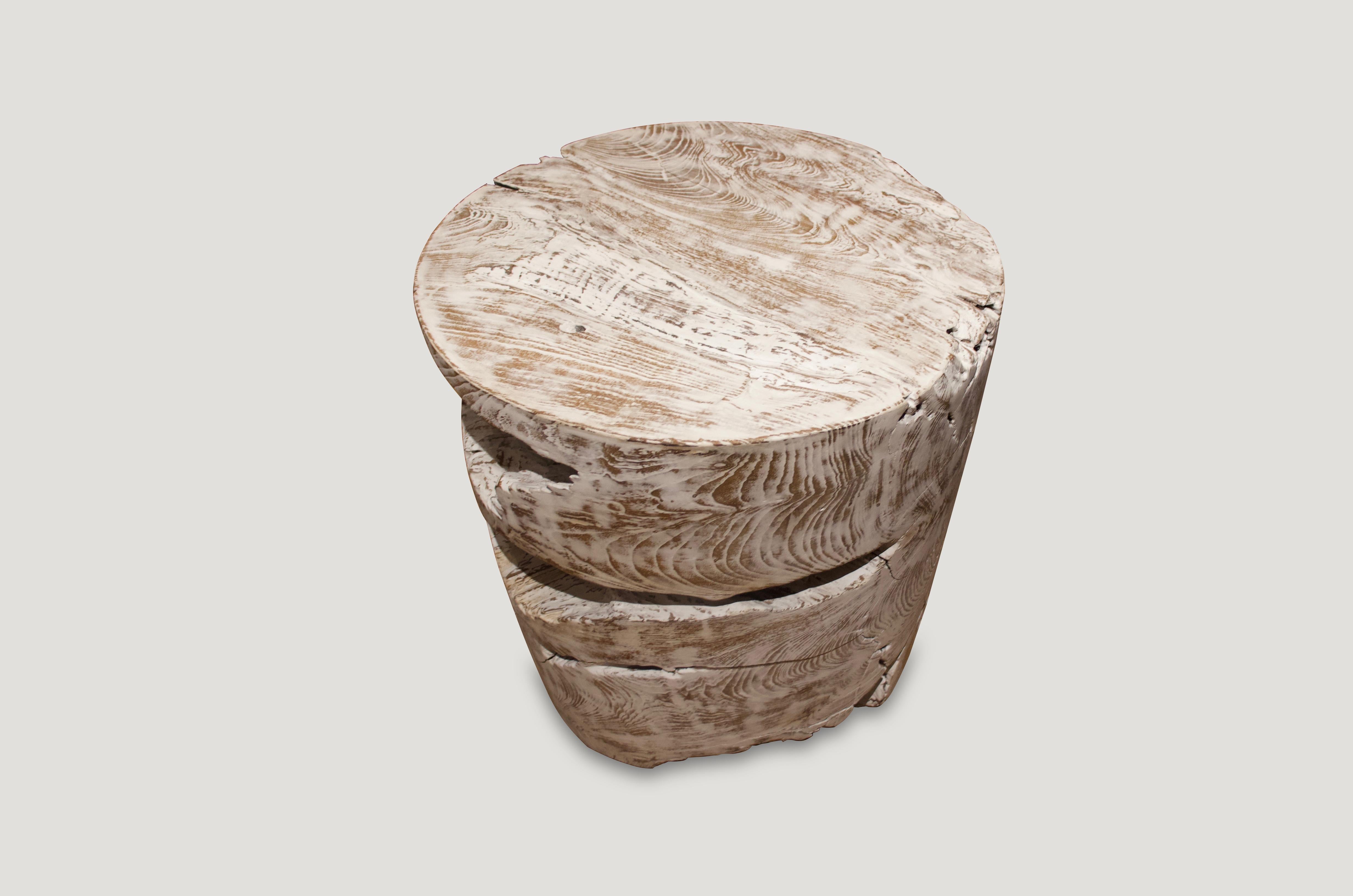 Organic formed teak wood side table with a ceruse finish. Slight graduation from the bottom to the top. Organic is the new modern.

Andrianna Shamaris. The Leader In Modern Organic Design.