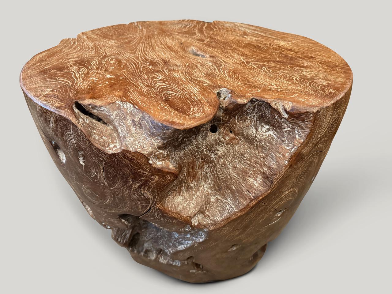 Impressive natural teak side table hand carved from a single reclaimed teak root into this sculptural drum shape. We added a light ceruse revealing the beautiful wood grain. Custom sizes and stains available. A perfect combination of modern and