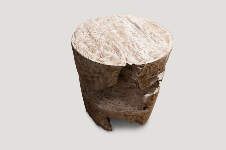 Andrianna Shamaris Organic Cerused Teak Wood Side Table In Excellent Condition For Sale In New York, NY
