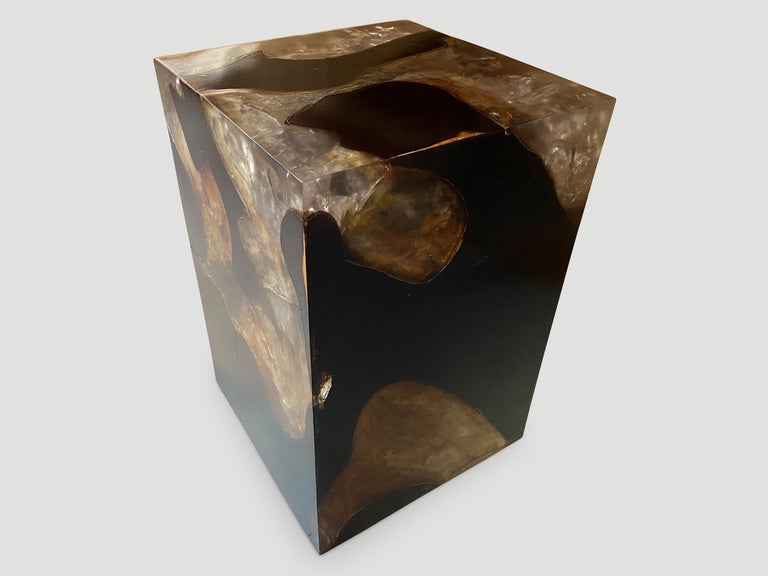 Contemporary Andrianna Shamaris Organic Cracked Resin and Teak Wood Side Table For Sale