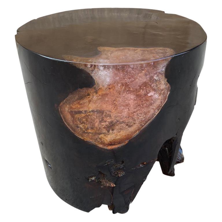 Andrianna Shamaris Organic Cracked Resin and Teak Wood Side Table For Sale