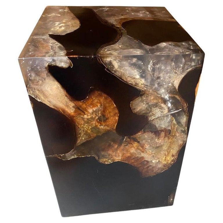 Andrianna Shamaris Organic Cracked Resin and Teak Wood Side Table For Sale