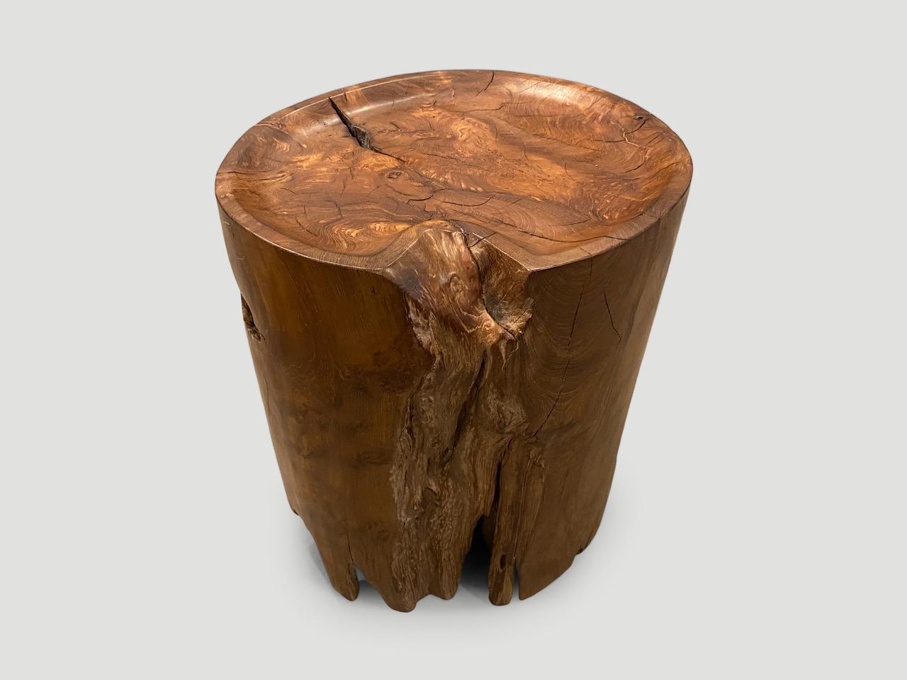 Natural organic formed reclaimed teak root side table. We hand carved the top section into a tray style and polished the beautiful aged teak with a natural oil finish. Organic is the new modern. We have a collection. All unique. The price and size