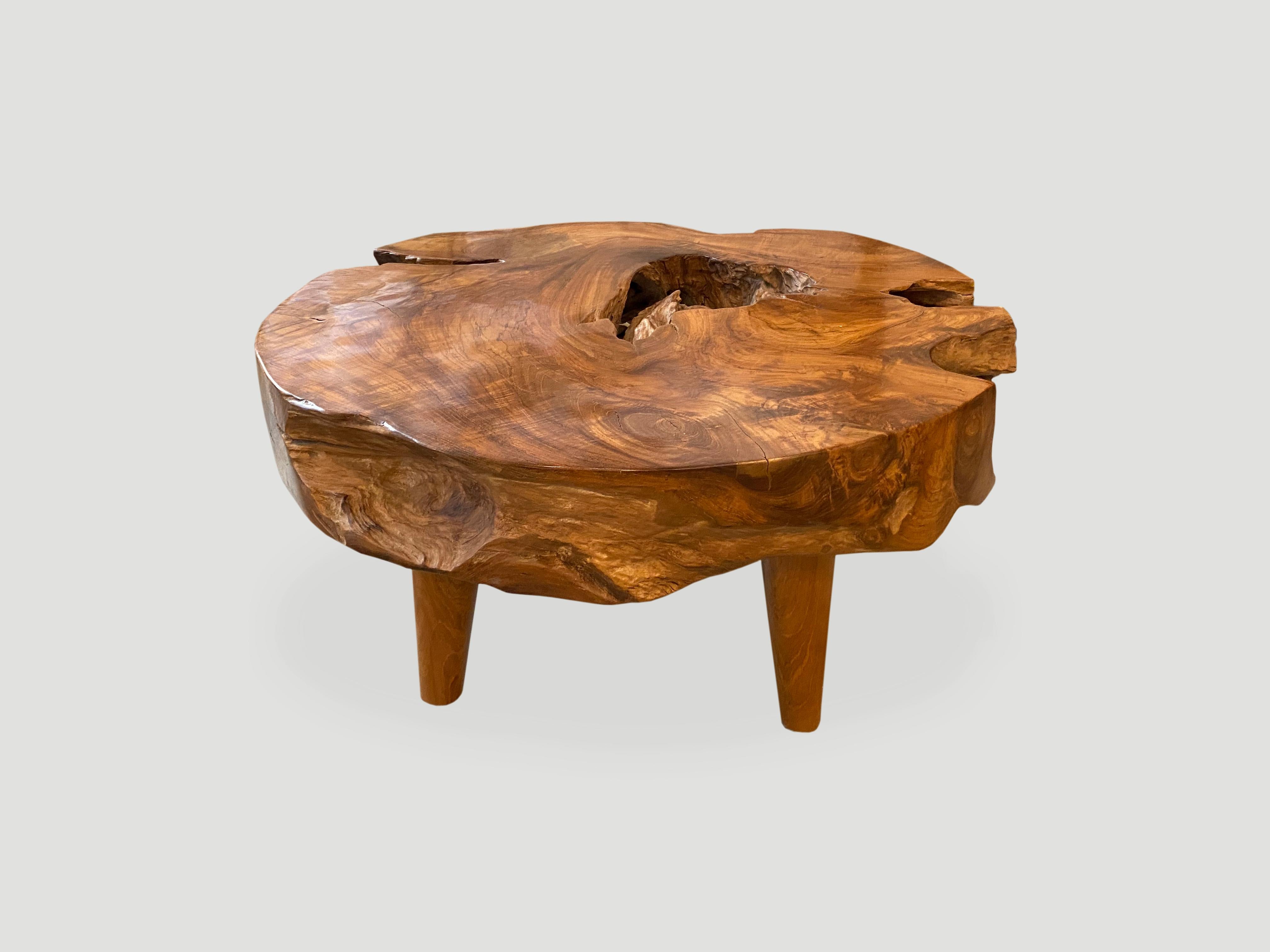 Organic Modern Andrianna Shamaris Organic Teak Round Coffee Table with Midcentury Cone Legs