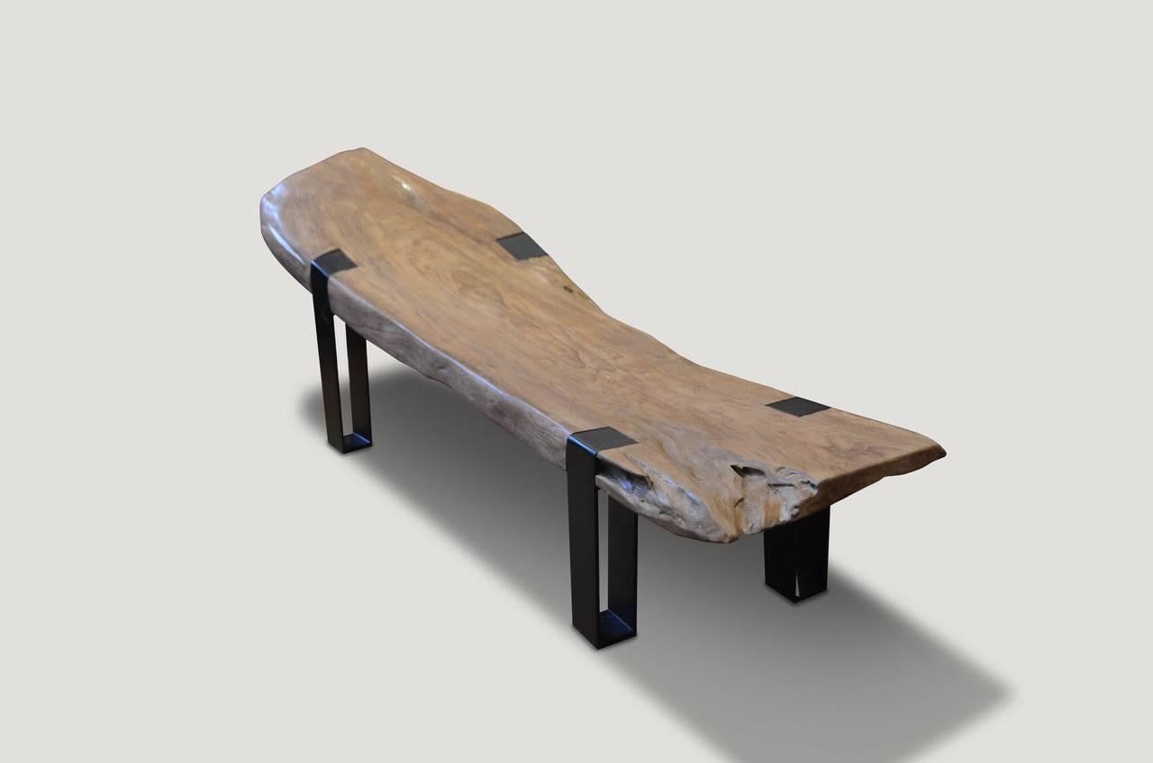 Beautiful chaise or bench carved from a single three inch thick reclaimed teak slab and set on modern black metal legs. Organic is the new modern. The back rest is 22