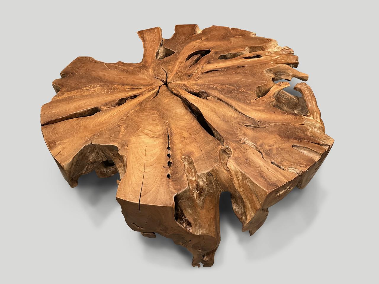Reclaimed teak root coffee table. Hand carved into this beautiful usable shape whilst respecting the natural organic wood. We polished the aged teak with a natural oil finish revealing the beautiful wood grain. It’s all in the details.

Own an