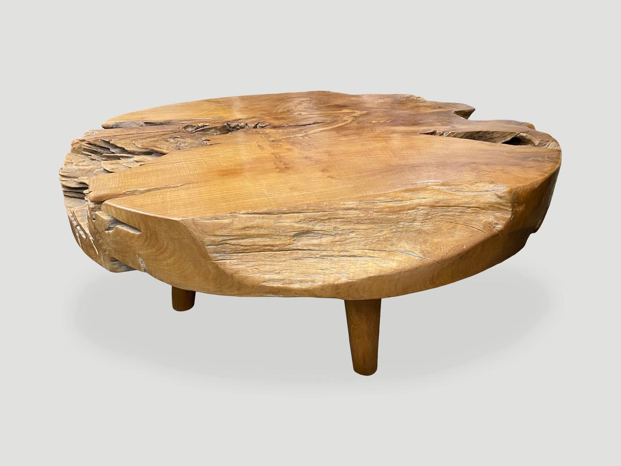 Mid-Century Modern Andrianna Shamaris Organic Teak Wood Round Coffee Table with Mid Century Legs