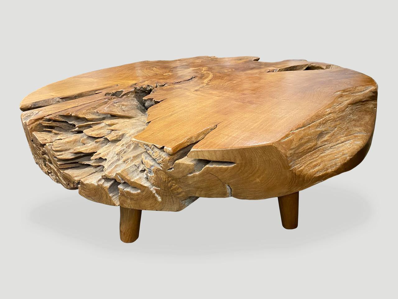 Andrianna Shamaris Organic Teak Wood Round Coffee Table with Mid Century Legs In Excellent Condition In New York, NY