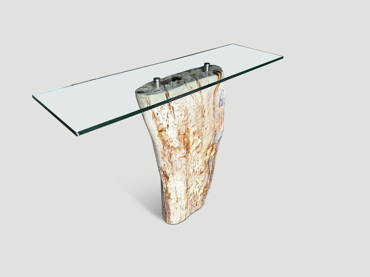 Organic Modern Andrianna Shamaris Petrified Wood Base and Glass Top Console Table For Sale